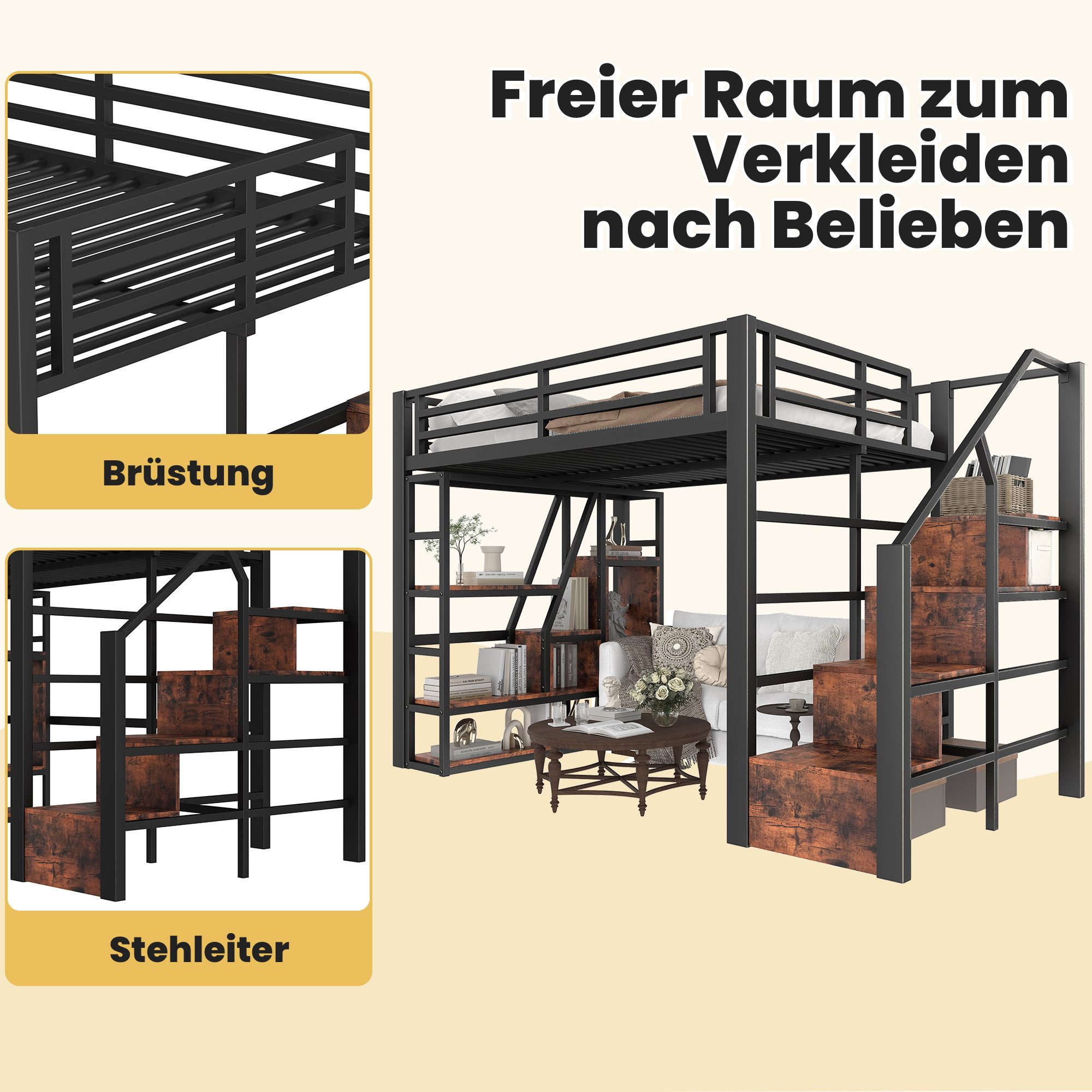TavilaEcon Hochbett 140×200 cm mit LED-Beleuchtung und Leiter, ohne Matratze (1-St) Metallbett Kinderbett mit Ablagefächern, Geländer, Stauraum unter Bett – Bild 5 von 5