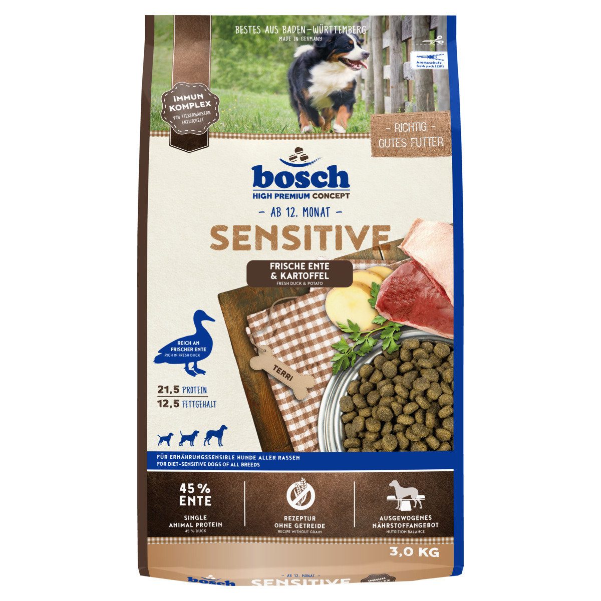 Bosch Petfood Sensitive mit Ente & Kartoffel 3 kg, Trockenfutter für: Hund