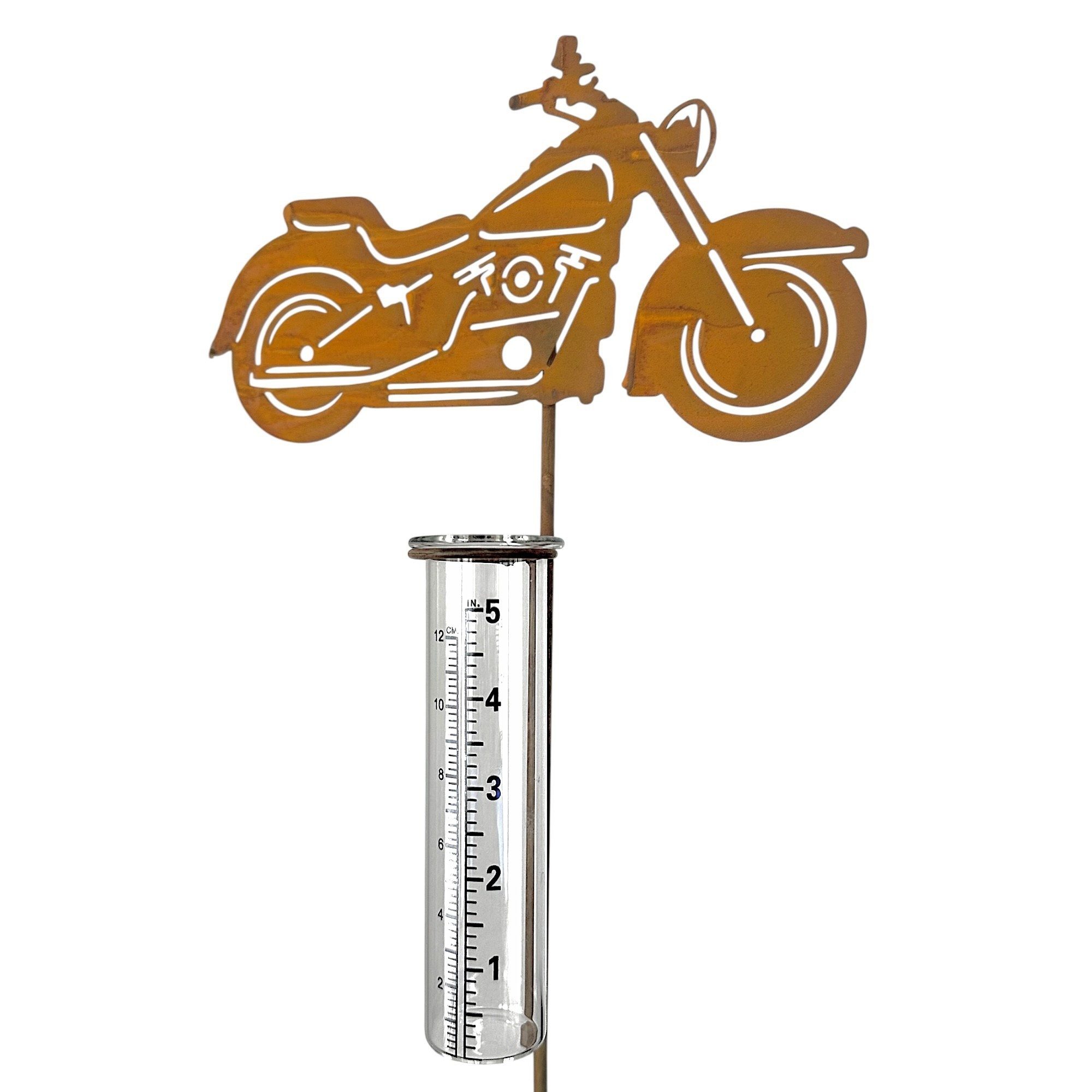 Dragimex Gartenstecker Gartenstecker Motorrad / Chopper mit Regenmesser – 108cm – Rostbraun