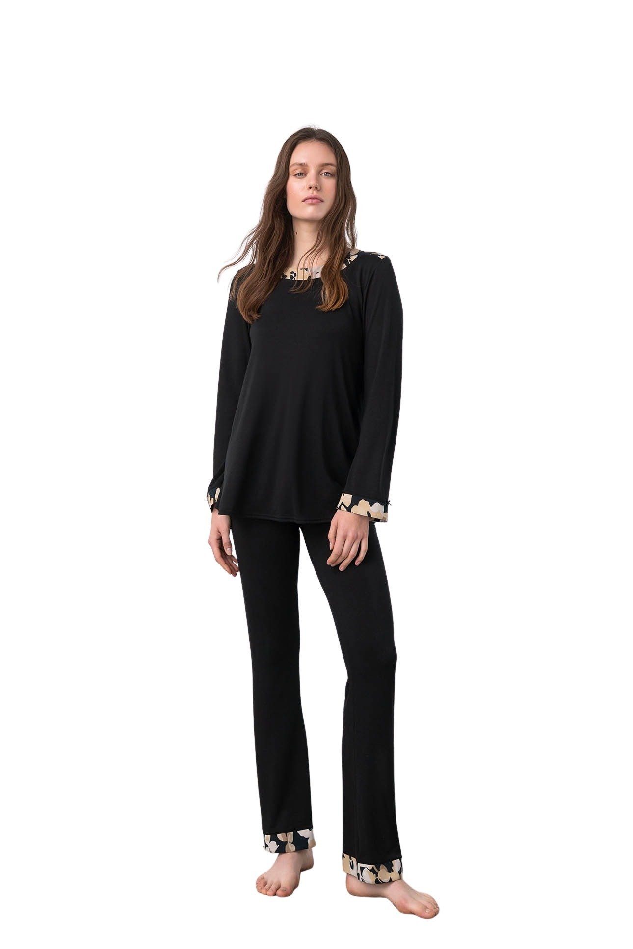 Vamp Schlafanzug (Set, 2 tlg., Set) exquisiter Damen Schlafanzug 2-teilig,  Pyjama Langarm, schwarz