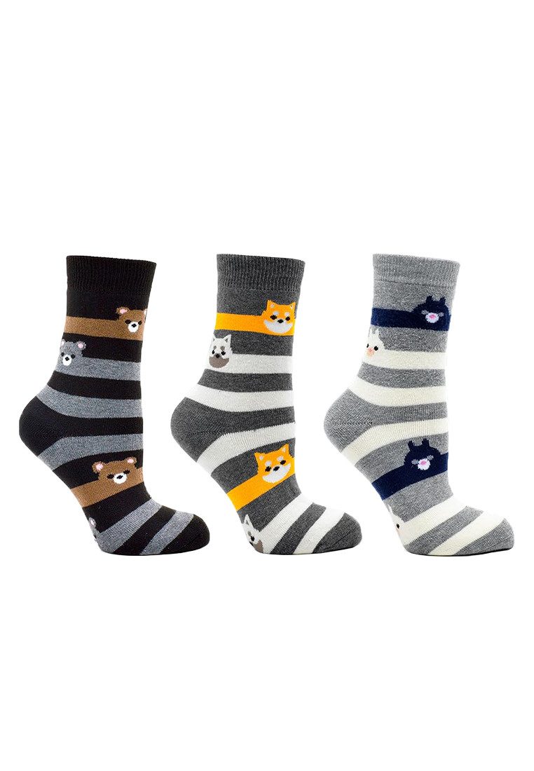 Socken Thermo Socken Damen 3er Pack mit Tiermotiv aus Baumwolle für Winter
