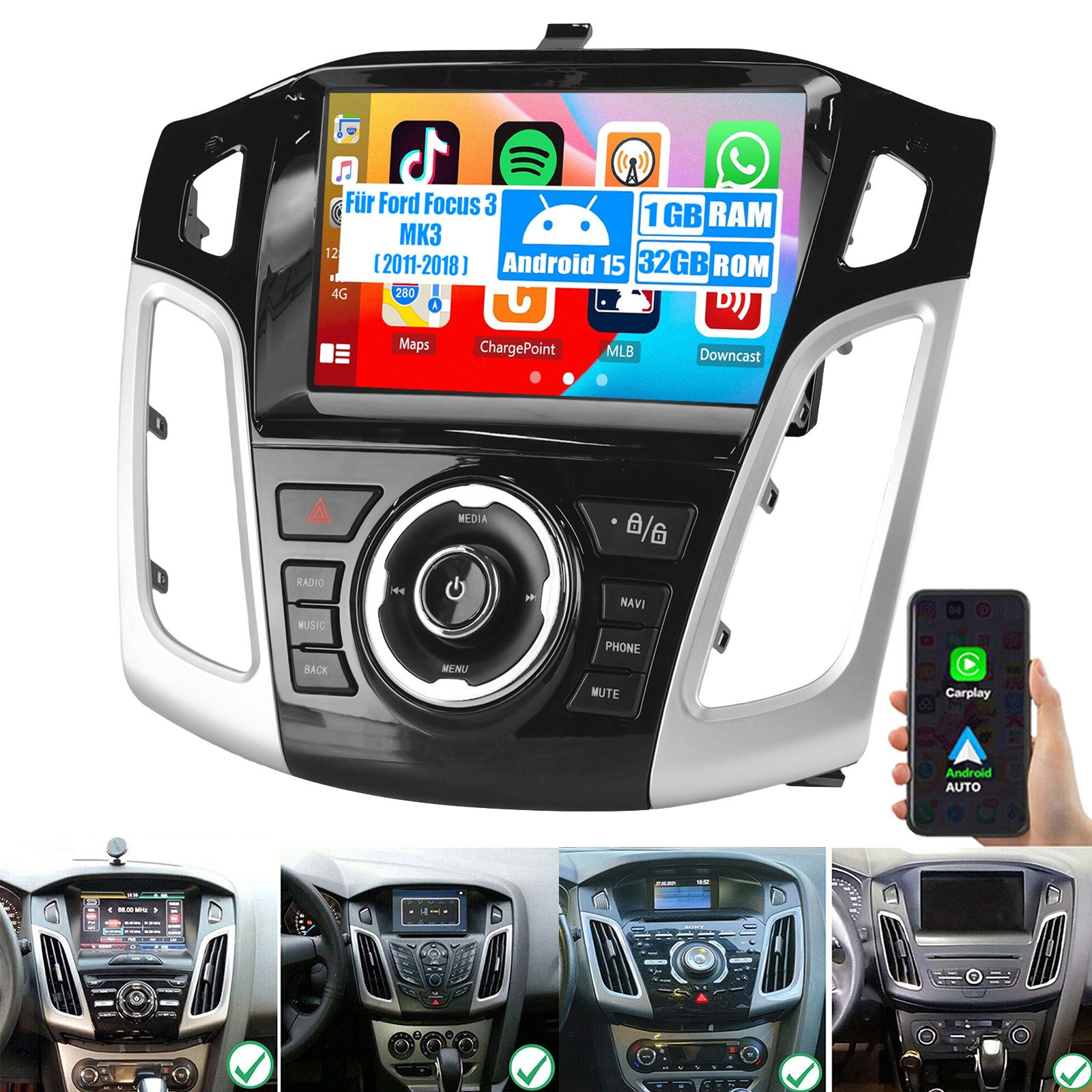 ESSGOO Android 15 Autoradio Apple CarPlay BT Für Ford Focus 3 MK3 2011-2018 Autoradio (Digitalradio (DAB), 4+64GB(optional), RDS, AM, FM, Carplay Android Auto Bluetooth EQ USB GPS Navi WIFI Touchscreen)