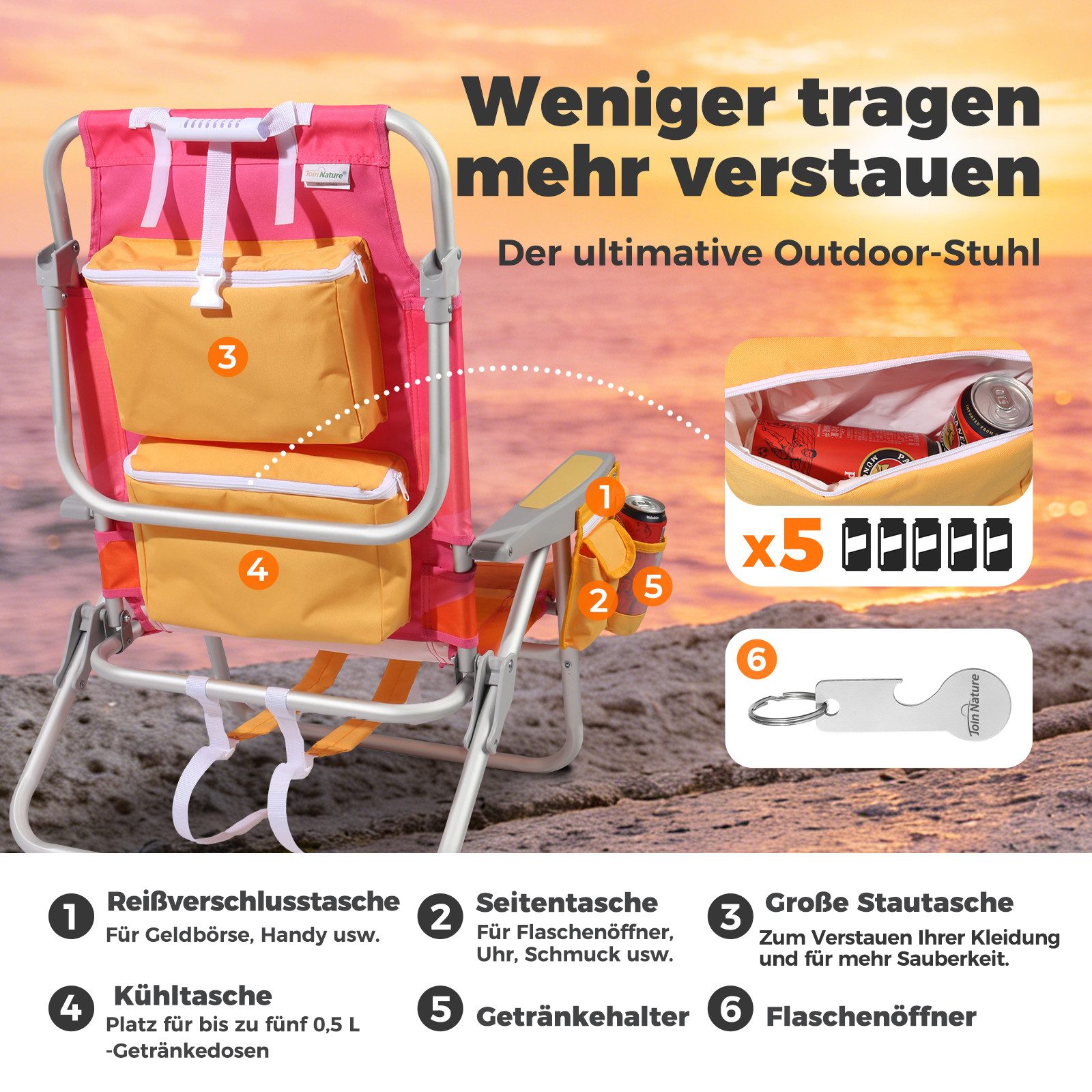 HOMECALL Klappstuhl Strandstuhl Leicht Klappbar Camping, 5-fach verstellbare Rückenlehne (Bis150KG Aluminiumrahmen, groBe Kuhitasche und Aufbewahrungstasche, 2  – Bild 4 von 5