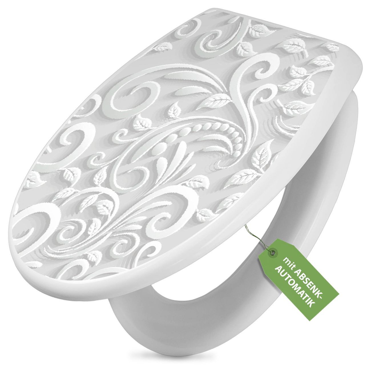 banjado WC-Sitz mit Absenkautomatik Motiv White Swirl (umweltfreundliches Material, integrierte Scharniere), 44,5 x 37 x 5 cm