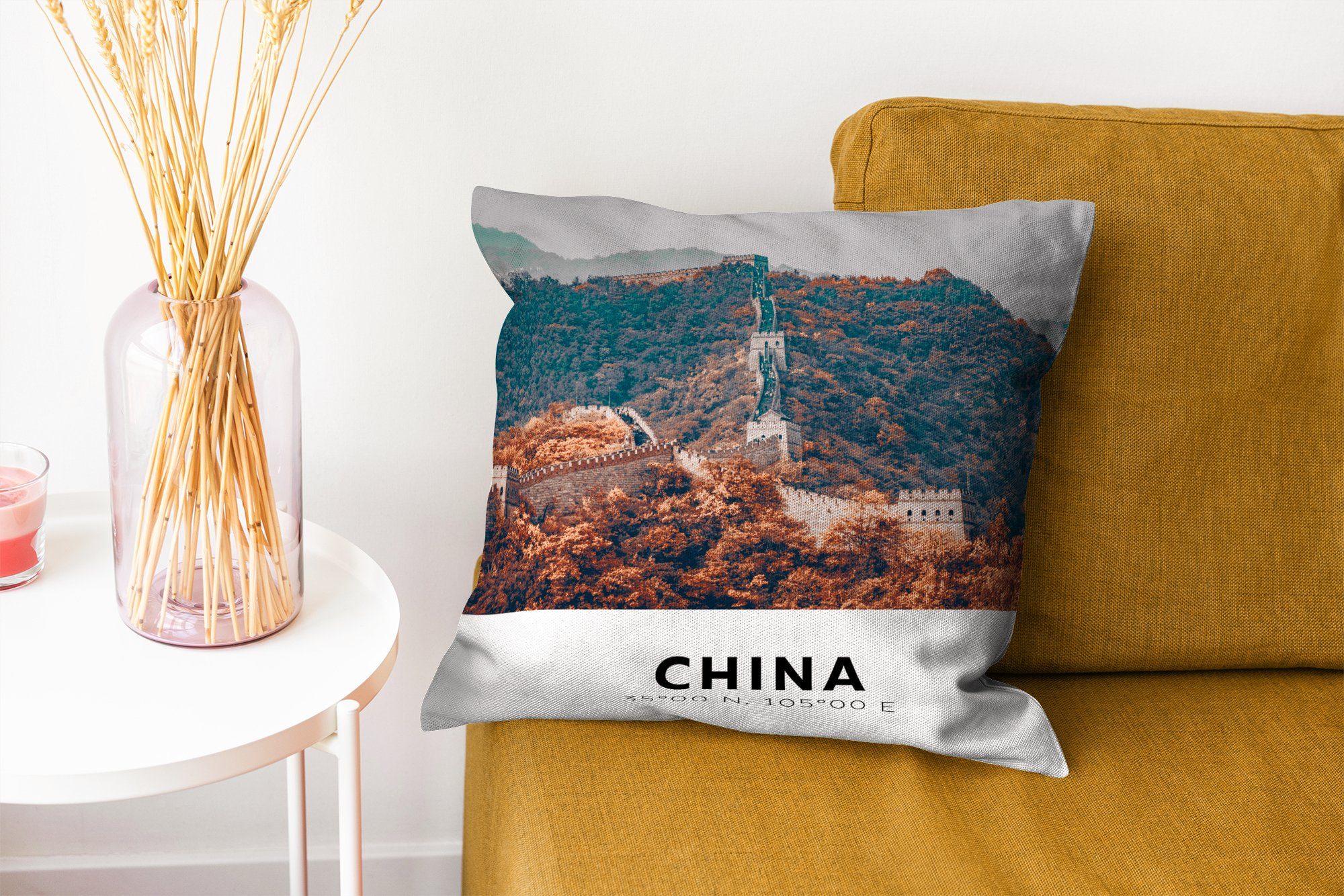 Füllung China mit Deko, Herbst, Große Mauer MuchoWow - Sofakissen Schlafzimmer, Dekokissen für Wohzimmer, Zierkissen -