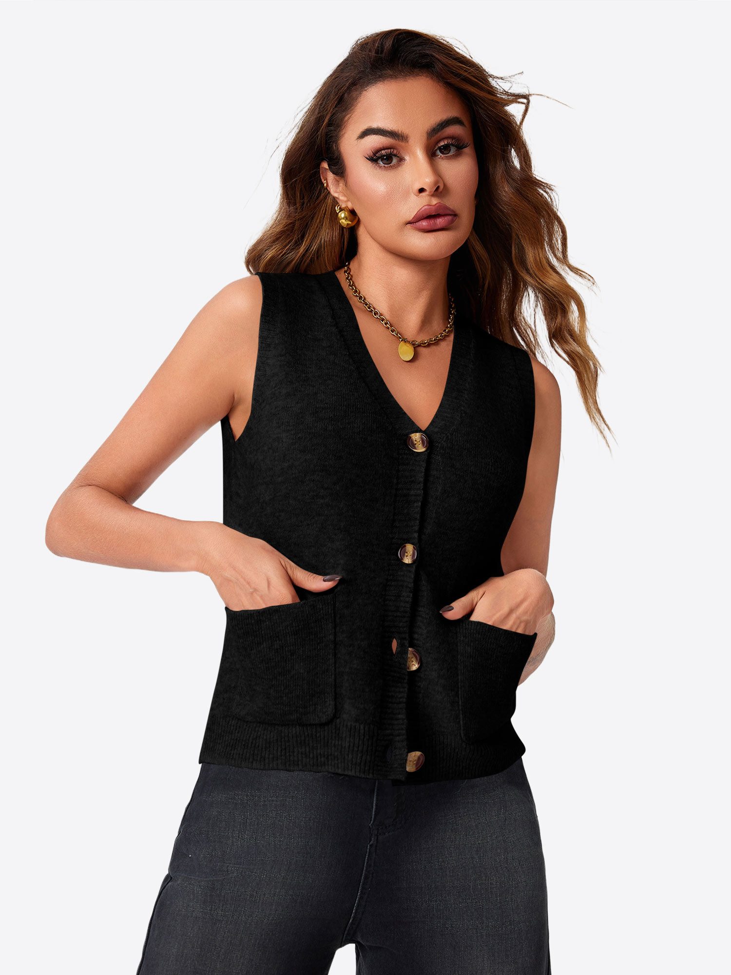 Imily Bela Strickweste Damen Ärmellos mit V-Ausschnitt Knopfleiste und Taschen (Packung, 1-tlg., 1per-Pack) in Unifarbe gehäkelt