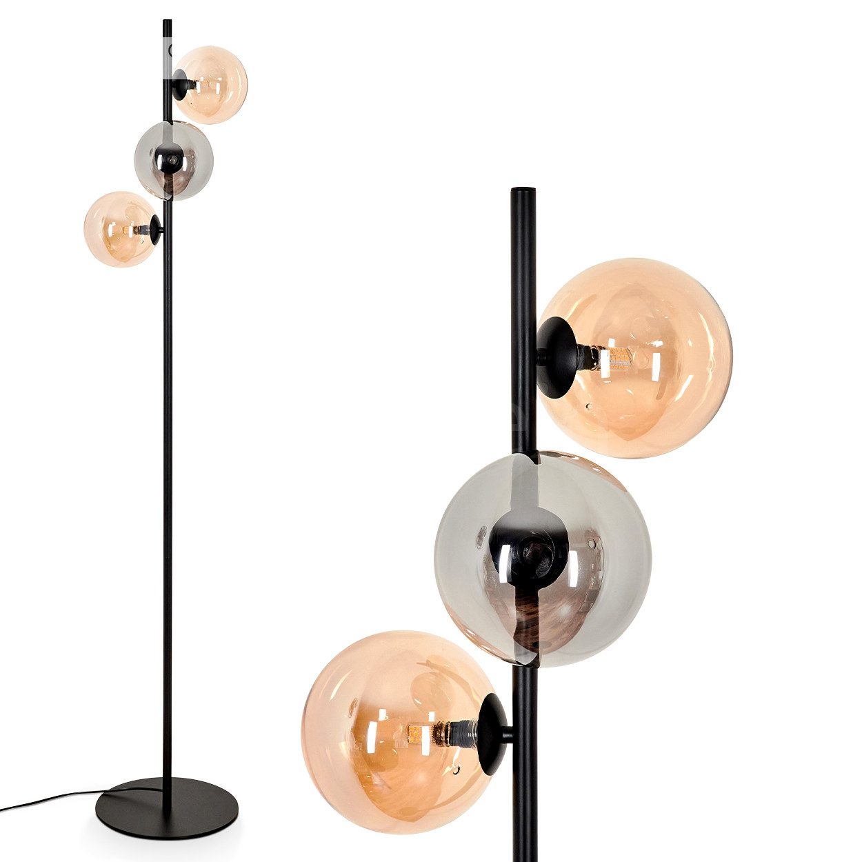 Stehlampe Stehlampe aus Metall/Glas in Schwarz/Bernstein/Rauchfarben