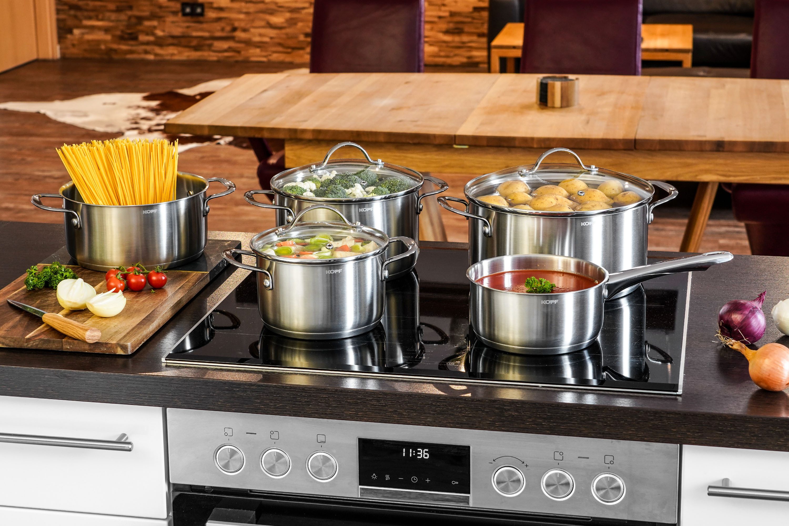 Kopf Topf-Set Clara, Edelstahl (Set, 8-tlg., 4 Kochtöpfe (16,20,20,24cm), 1 Stielkasserolle (16cm), 3 Glasdeckel), Kochtopfset, Töpfe Induktion, Spülmaschinengeeignet, Backofenfest