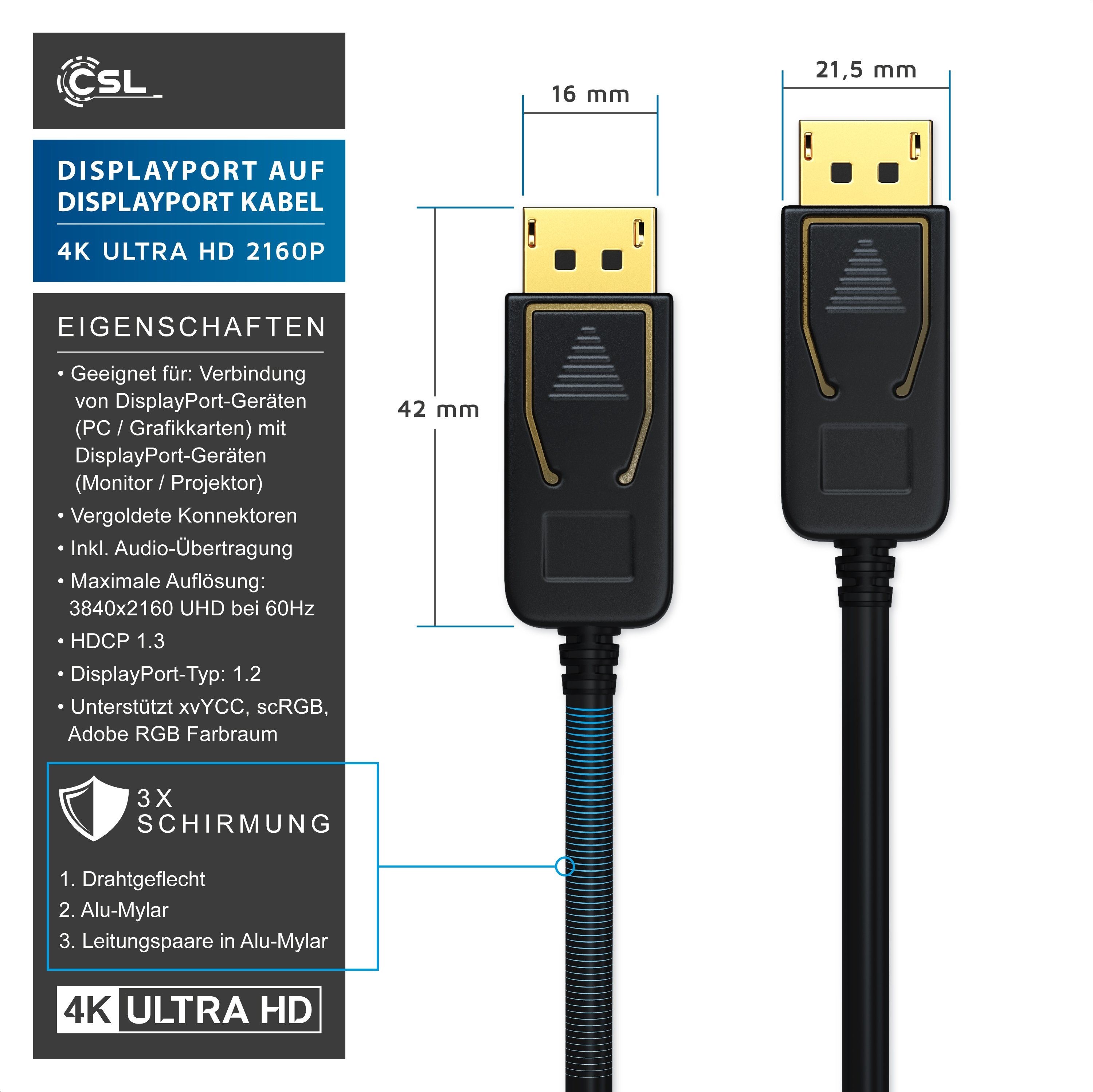 CSL Audio- & Video-Kabel, DisplayPort, (300 cm), DP Monitor Kabel 4k 60Hz UHD incl. Audio-Übertragung - 3m