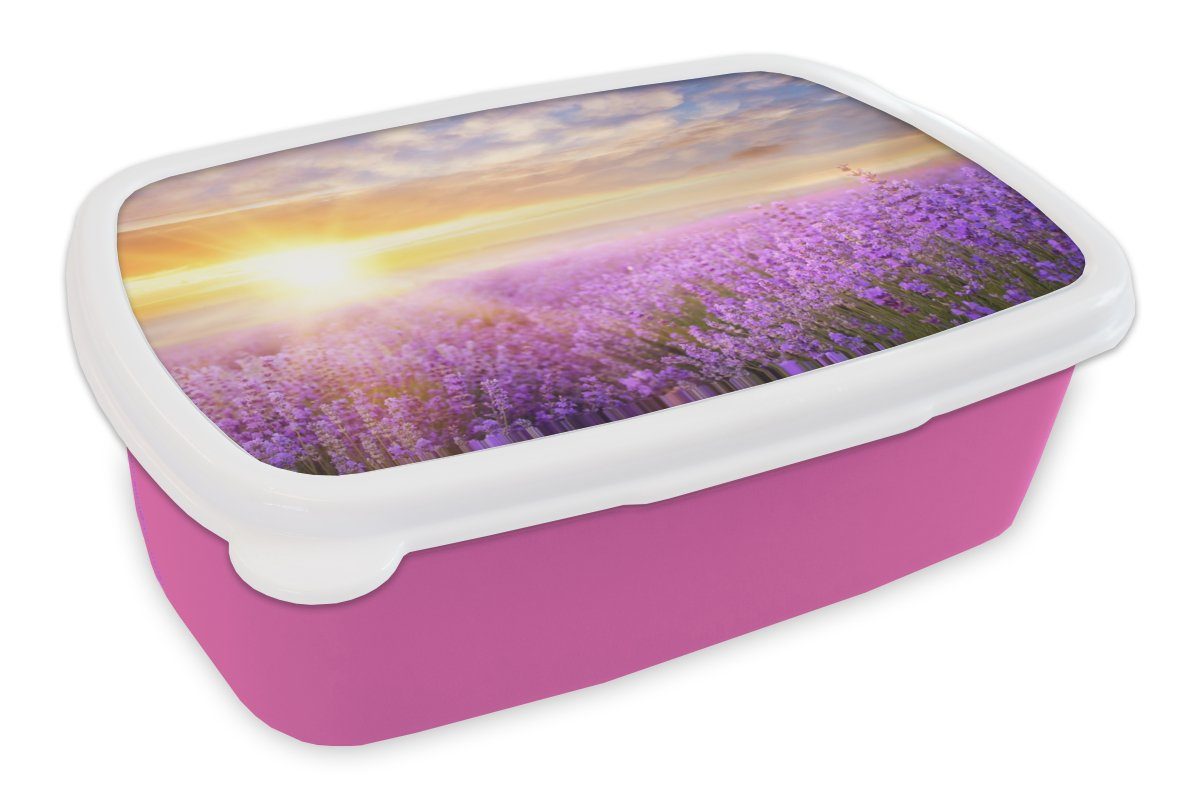 MuchoWow Lunchbox Lavendel - Sonne - Himmel - Natur, Kunststoff, (2-tlg), Brotbox für Erwachsene, Brotdose Kinder, Snackbox, Mädchen, Kunststoff rosa