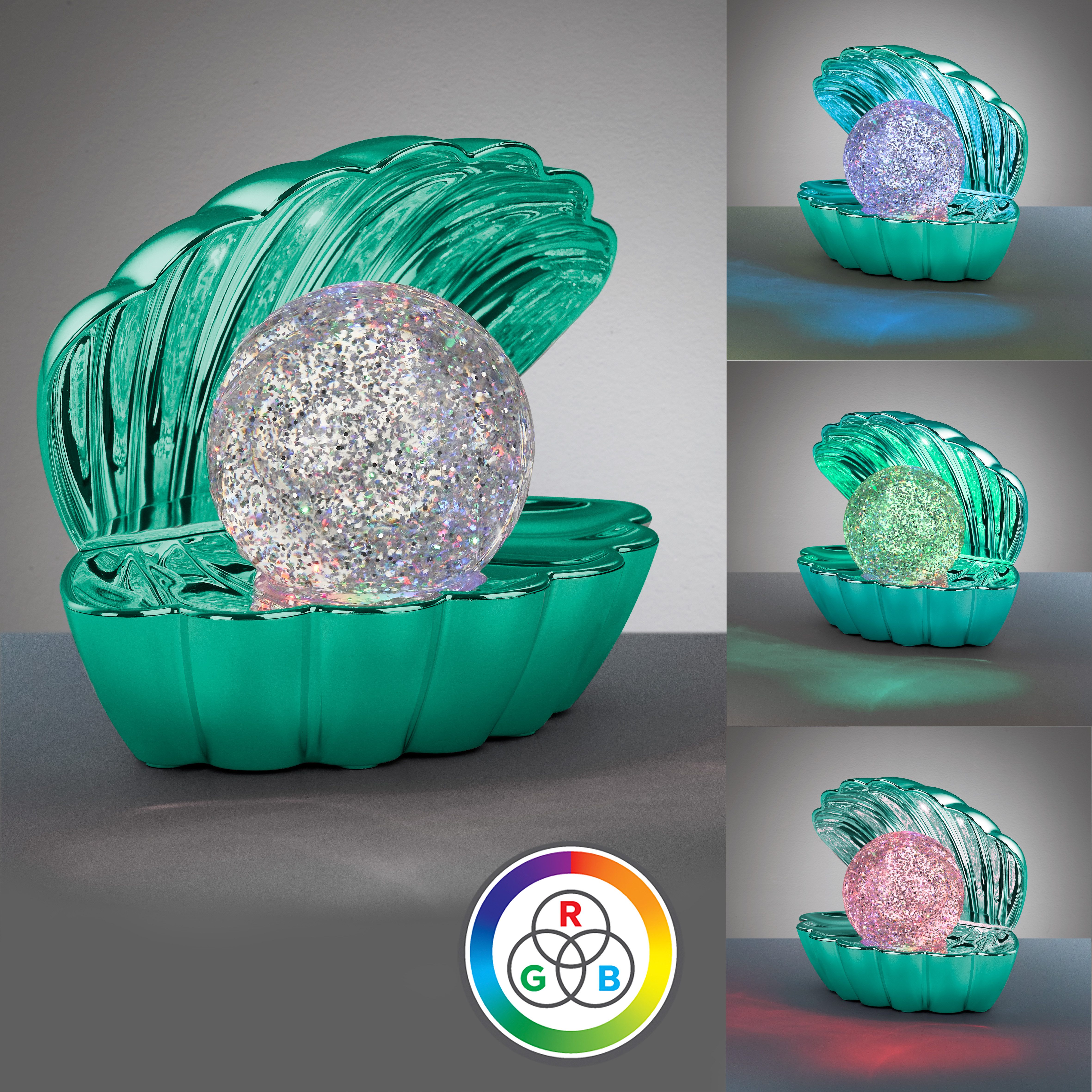 Reality Leuchten LED Tischleuchte SHELLY, Deko Tischlampe in Muschelform mit RGB Farbwechsel, 0,8W 15Lm, Ein-/Ausschalter, Farbwechsel, USB-Ladefunktion, LED fest integriert, RGB, Muschel Tischlampe mit Glitzerkugel und Farbwechsel inkl USB-Ladekabel