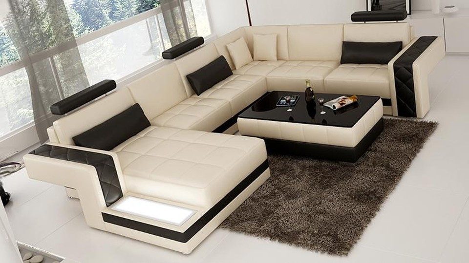 Xlmoebel Wohnlandschaft Beige Ecksofa mit USB-Funktion und Relax-Kopfstützen, 4 Teile, Made in Europa