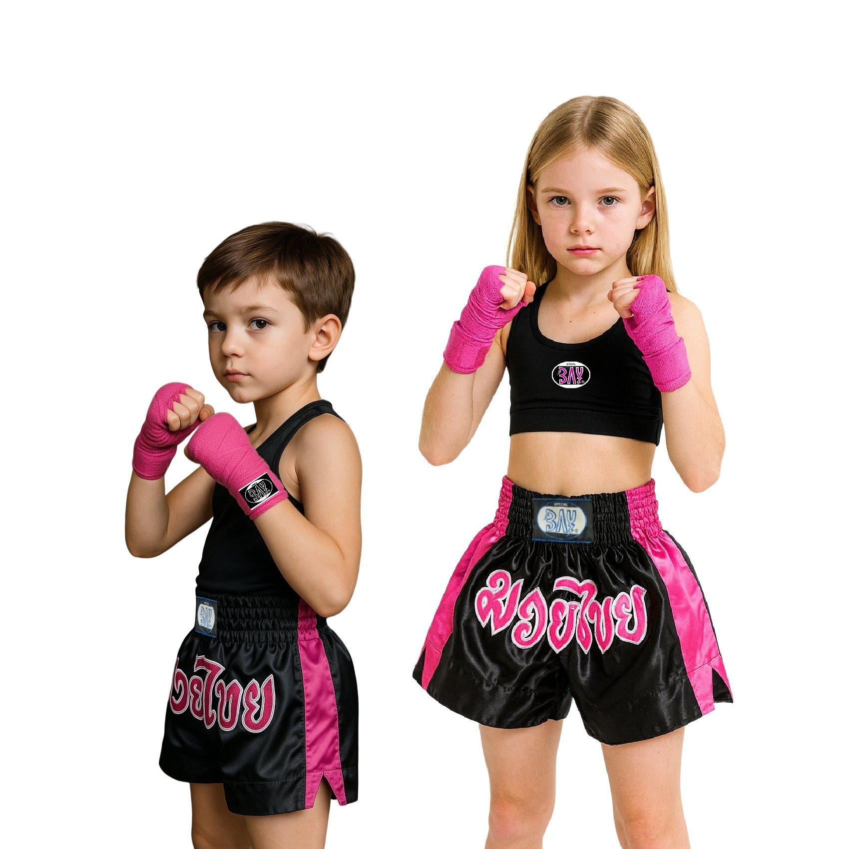 BAY-Sports Sporthose Thaiboxhose REMY Muay Thai Hose Shorts Thaiboxen MMA kurz Kickboxen kurze, leichte, locker sitzende Trainingshose, Schwarz/Pink/Weiß