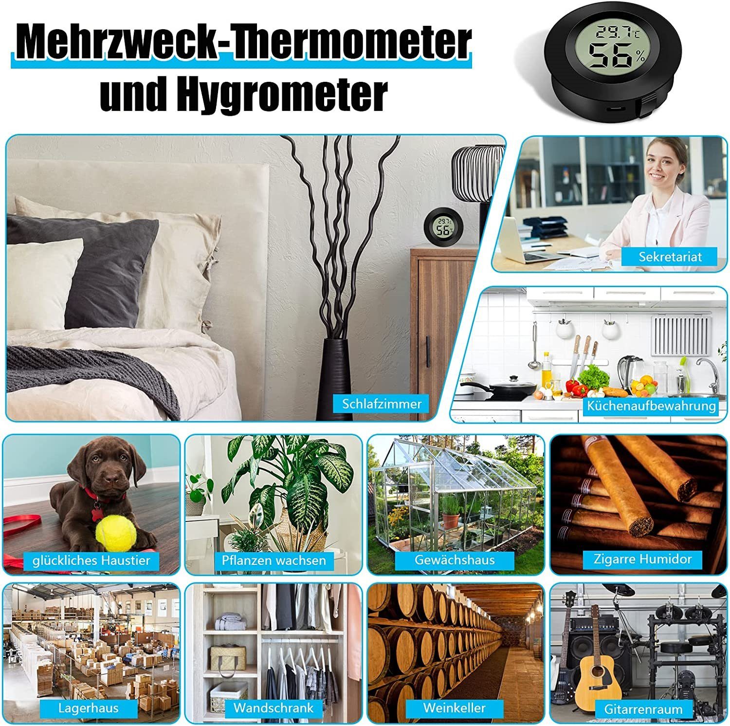 Kühlschrank für Kontrolle Olotos Innenraum Mini Thermometer 3er-Set, Temperatur Hygrometer Thermo-Hygrometer Luftfeuchtigkeit Schwarz Messgerät Digitales LCD