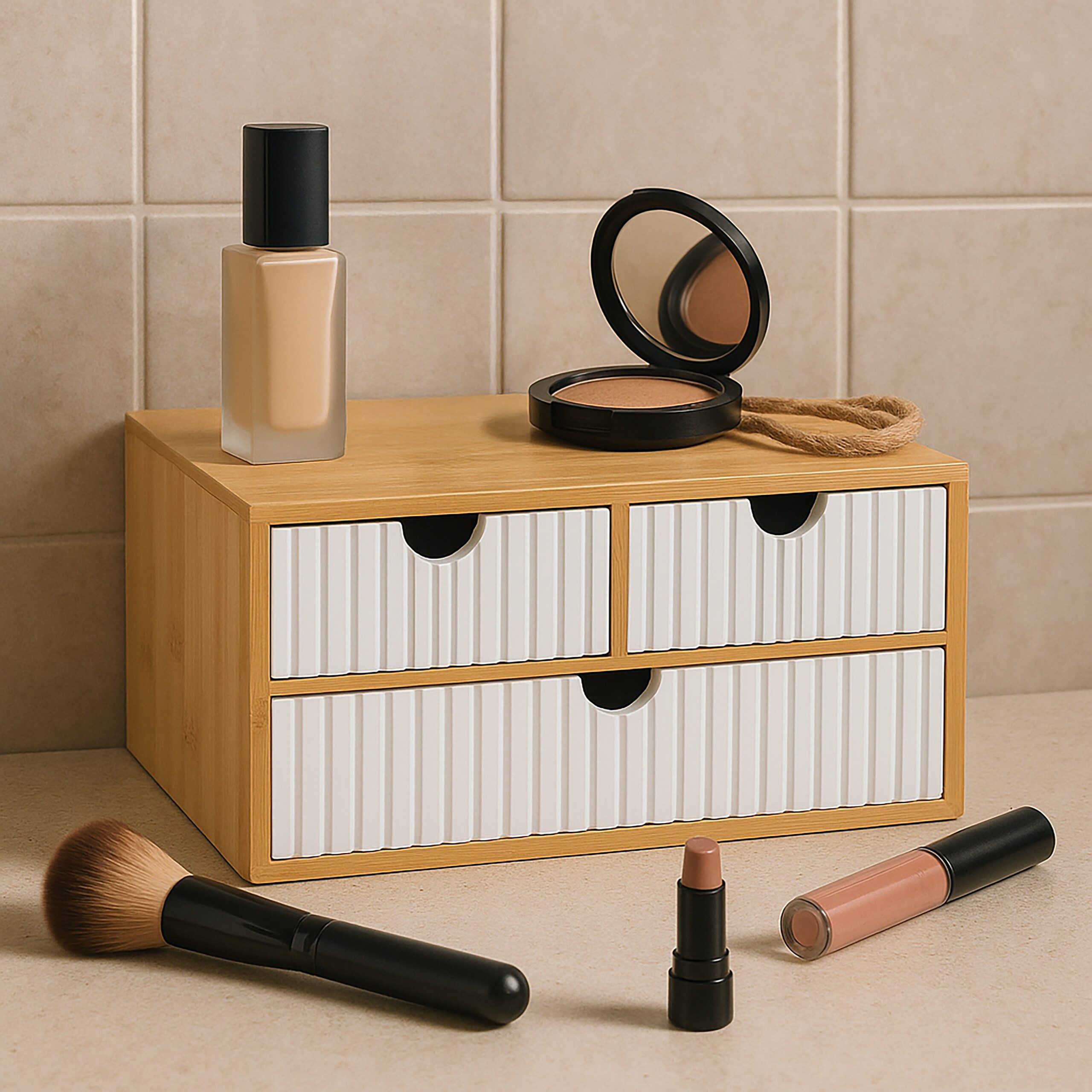 relaxdays Organizer Schubladenbox Bambus geriffelt, Weiß-Rosa