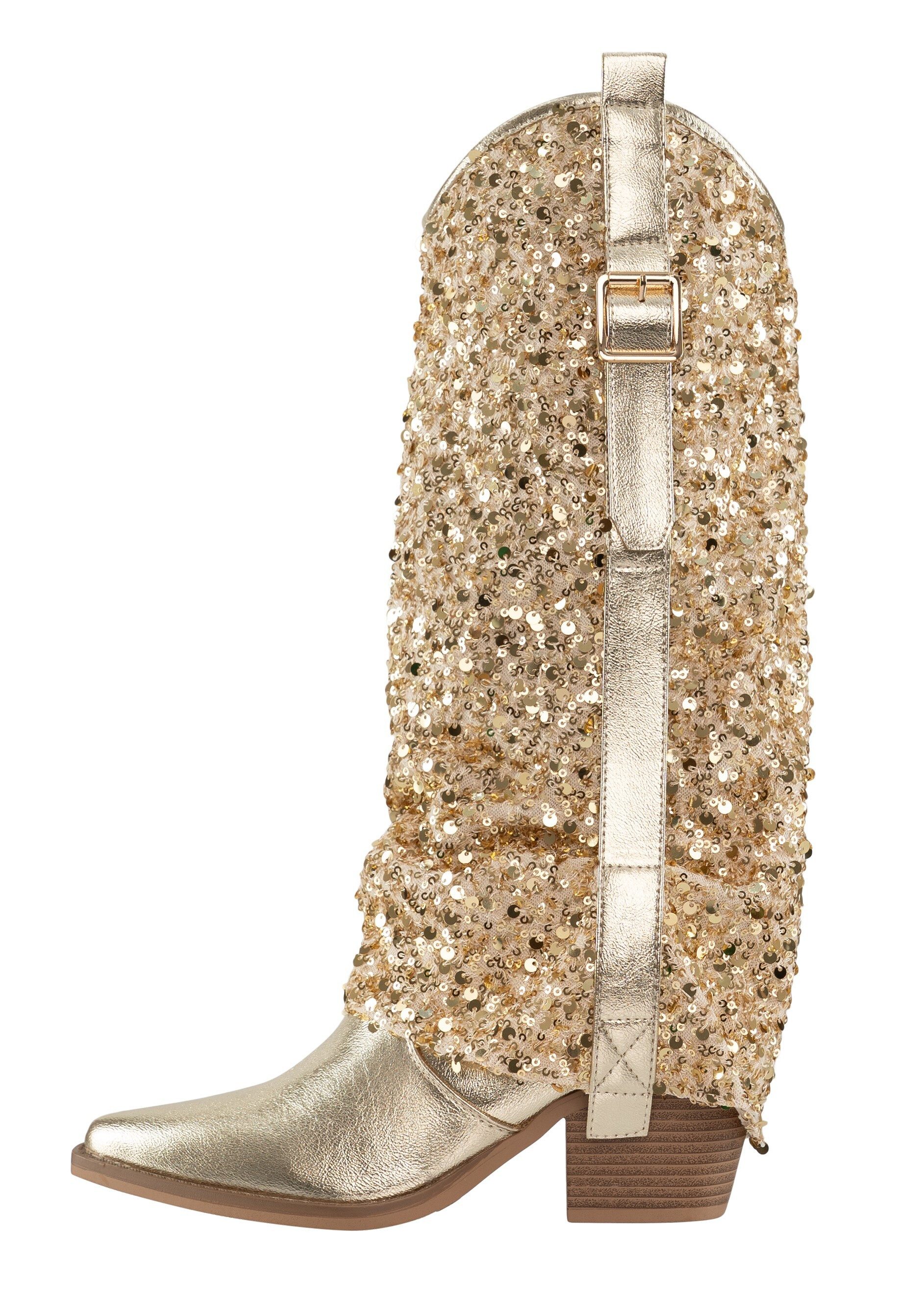 Salinyang Pailletten Stiefel Damen Cowboy Boots Kunstleder Stiefel Glitzer Look Stiefel