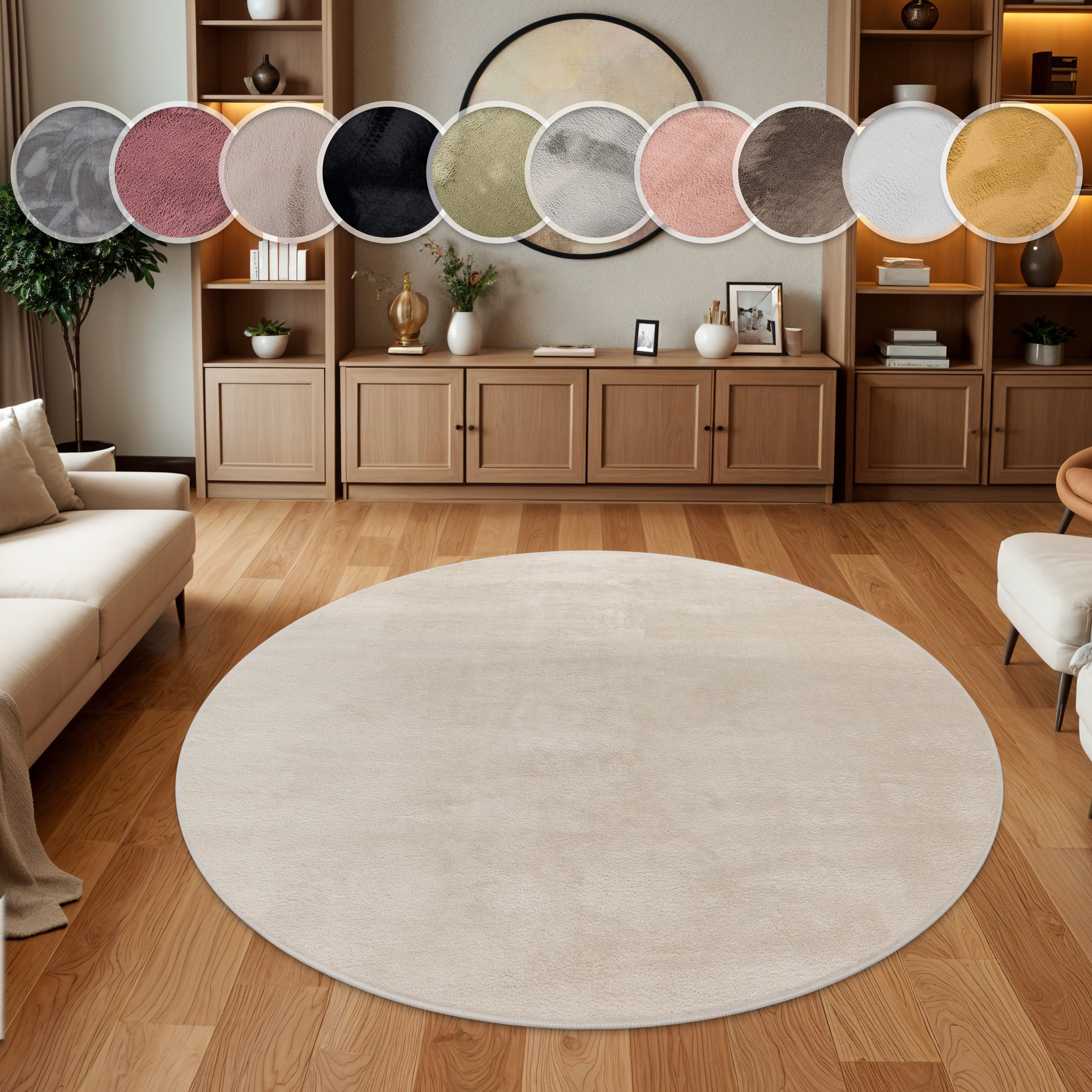 Paco Home Fellteppich Kunstfell Soft 380, rund, Höhe: 14 mm, Langflor, Kuschelteppich - besonders weich, Uni-Farben