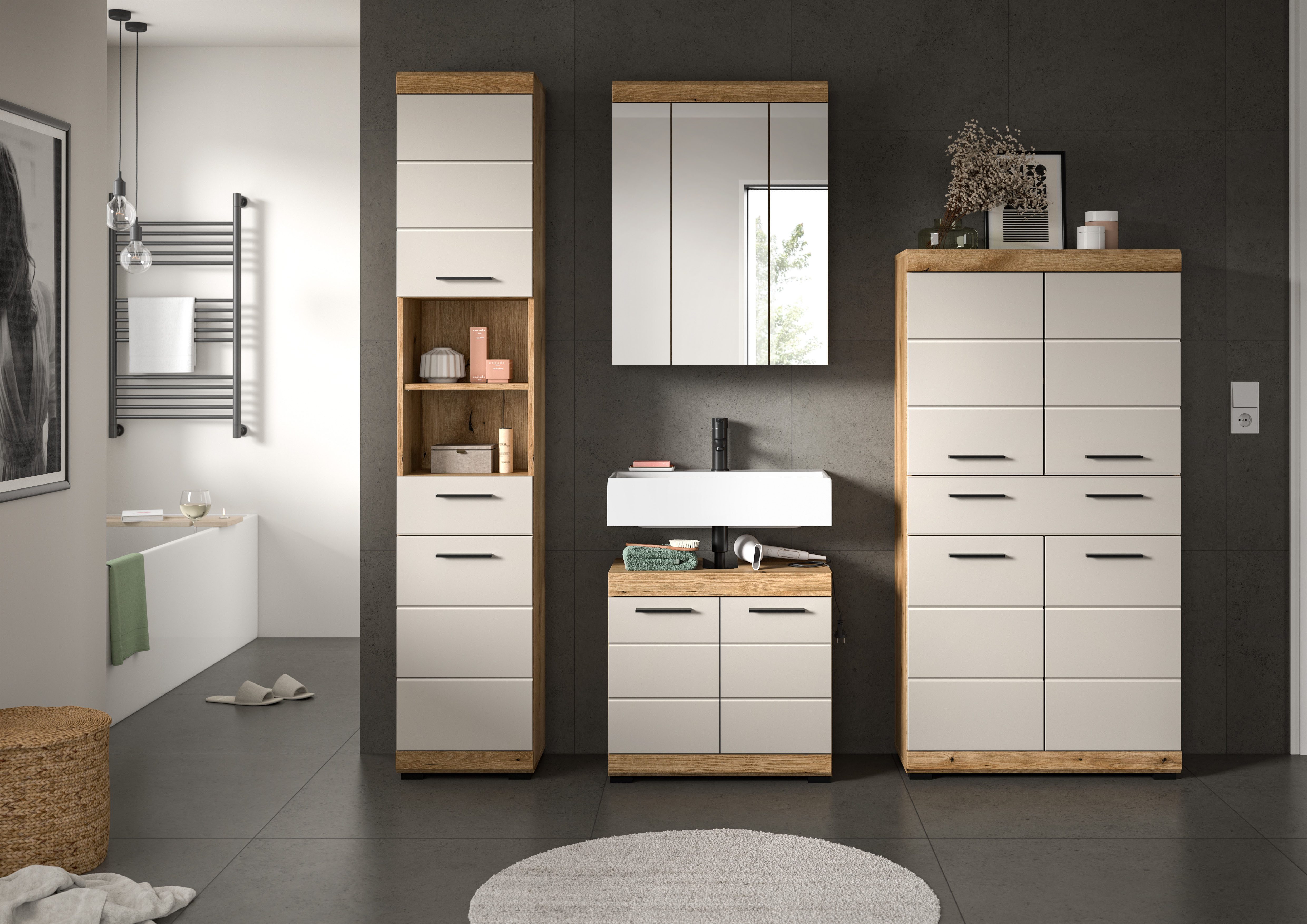 welltime Badmöbel-Set SIENA, 4 teilig, bestehend aus:, (Set, 4-St., TOPSELLER), Hochschrank, Waschbeckenunterschrank, Spiegelschrank, Midischrank