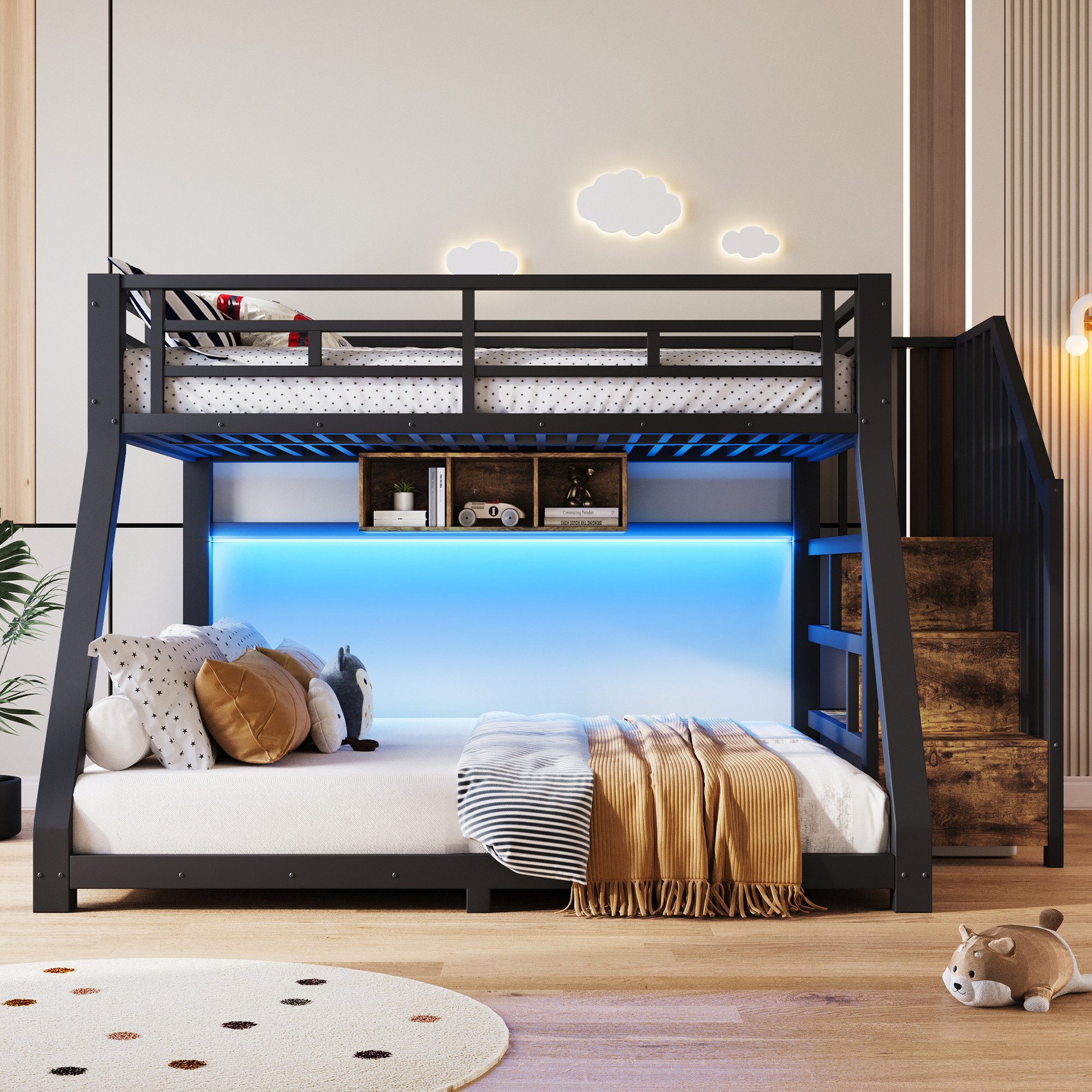 Merax Etagenbett 90x200cm/140x200cm mit LED-Beleuchtung (Kinderbett Jugendbett Stockbett, 1-St), Metallbett mit Stauraumtreppe, 3 Ablagefächern & Sicherheitsgeländer
