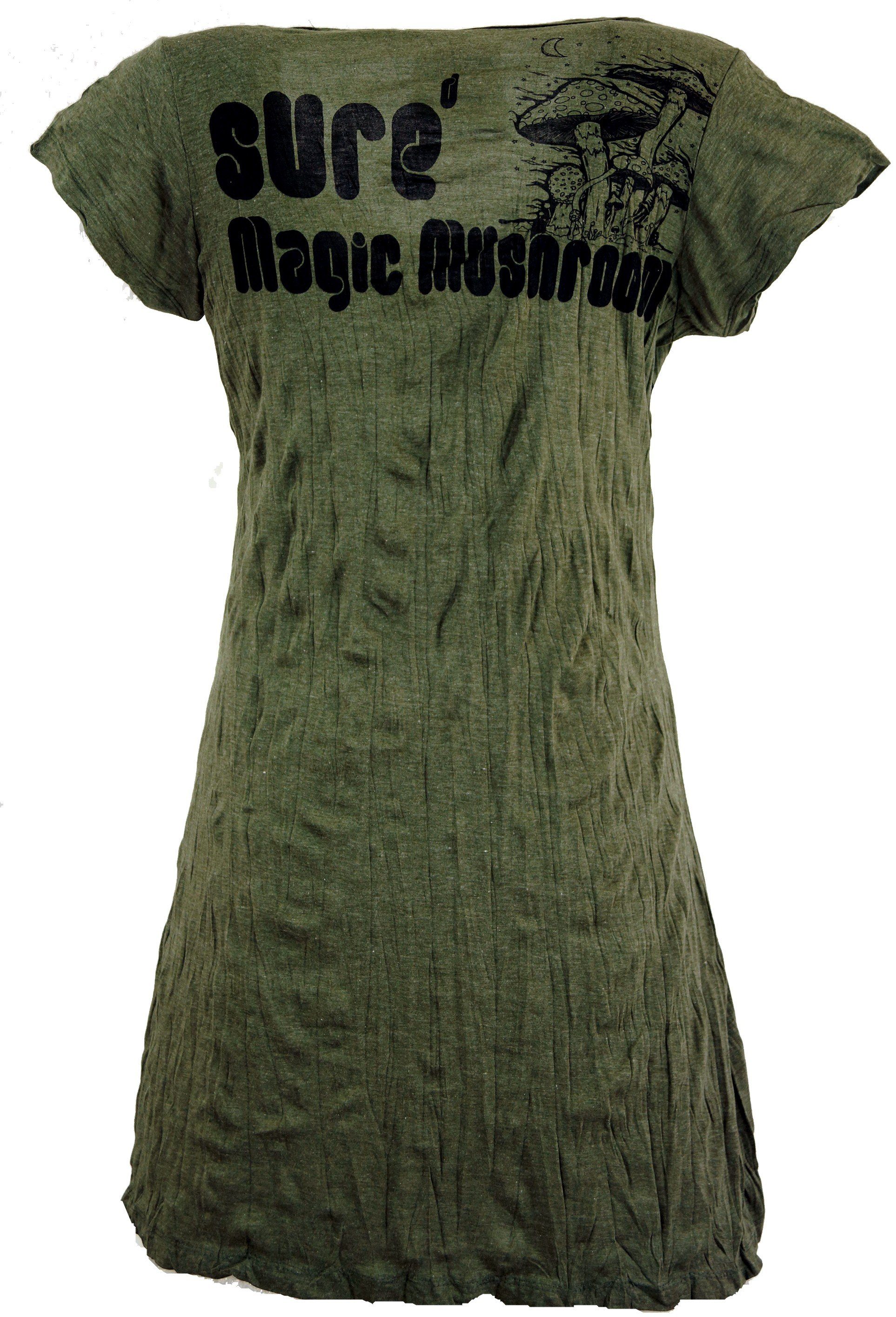 Guru-Shop T-Shirt Sure - Bekleidung Festival, Long Style, Shirt, Goa Magic Mushroom Minikleid alternative olive