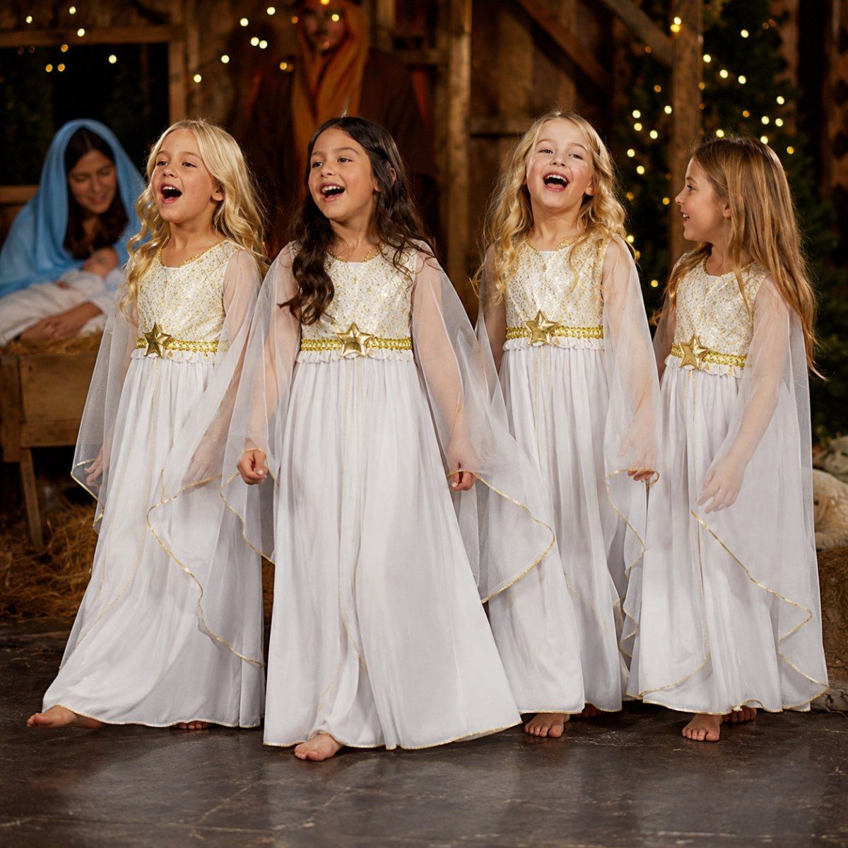 Funny Fashion Engel-Kostüm Kinder Engelskostüm 'Lucia' mit Sternen, Weiß Gol