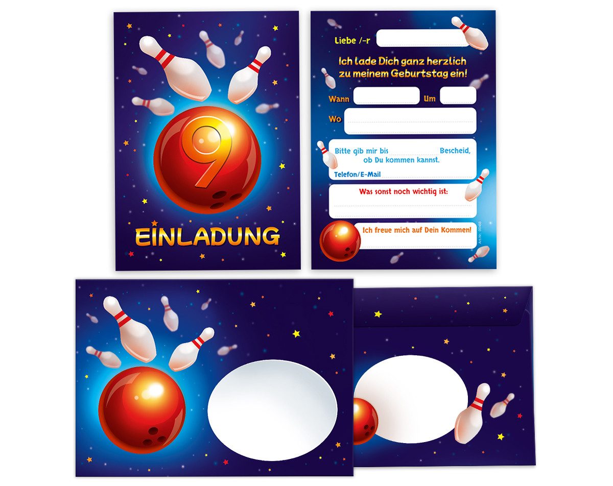 Einladungskarten Bowling zum 9. Geburtstag Mädchen Jungen Einladungen mit Umschlägen