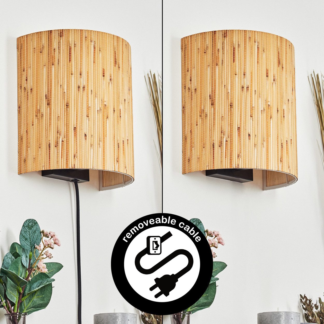 hofstein Wandleuchte Wandlampe aus Metall/Bambus in Schwarz/Natur, ohne Leuchtmittel, Wandleuchte m. Stecker/Schalter, Kabel, UP & Down Lichteffekt, 1 x E27