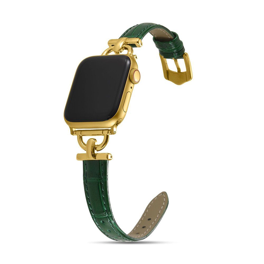 GelldG Uhrenarmband Leder Armband Kompatibel mit Apple Watch Armband, Schlank Armband grün/gold