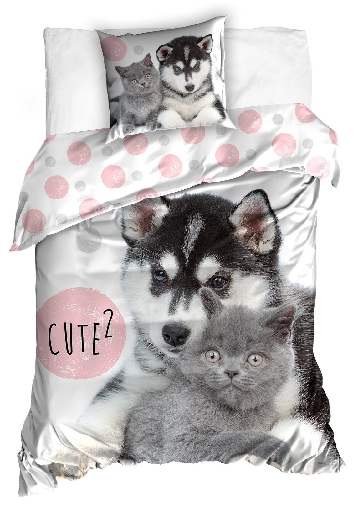 One Home Bettwäsche, Renforcé, 2 teilig, mit Husky und Katzen Welpen