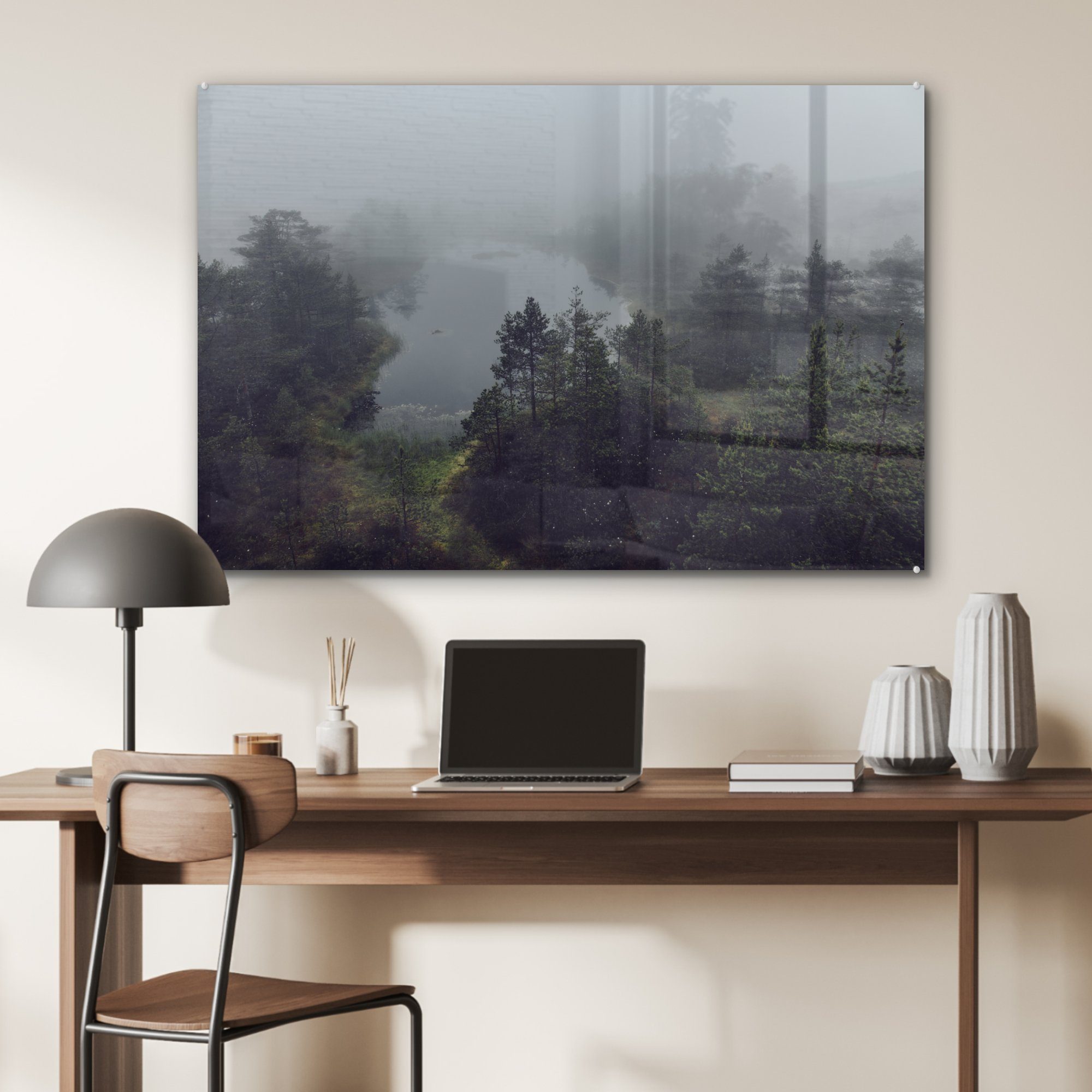 des (1 den Nebel und Nationalparks, Wohnzimmer Sumpfgebiet Acrylglasbilder über dem MuchoWow estnischen Acrylglasbild Bäumen & St), Schlafzimmer