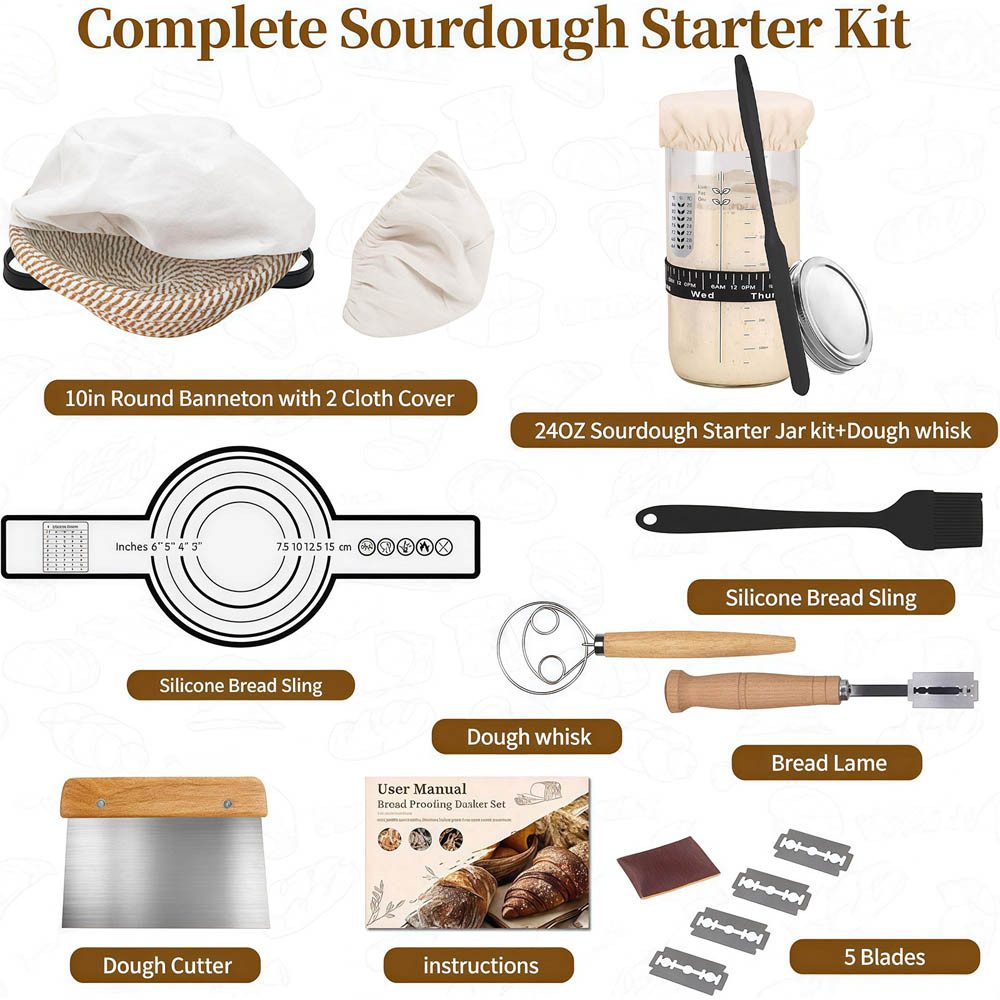 PFCTART Gärkorb 10-tlg. Gärkorb Brotbackset Ø23 cm – Rundes Gärkörbchen Set, (Set 10-tlg), Handgeflochten & atmungsaktiv – Mit Starterglas & Backzubehör