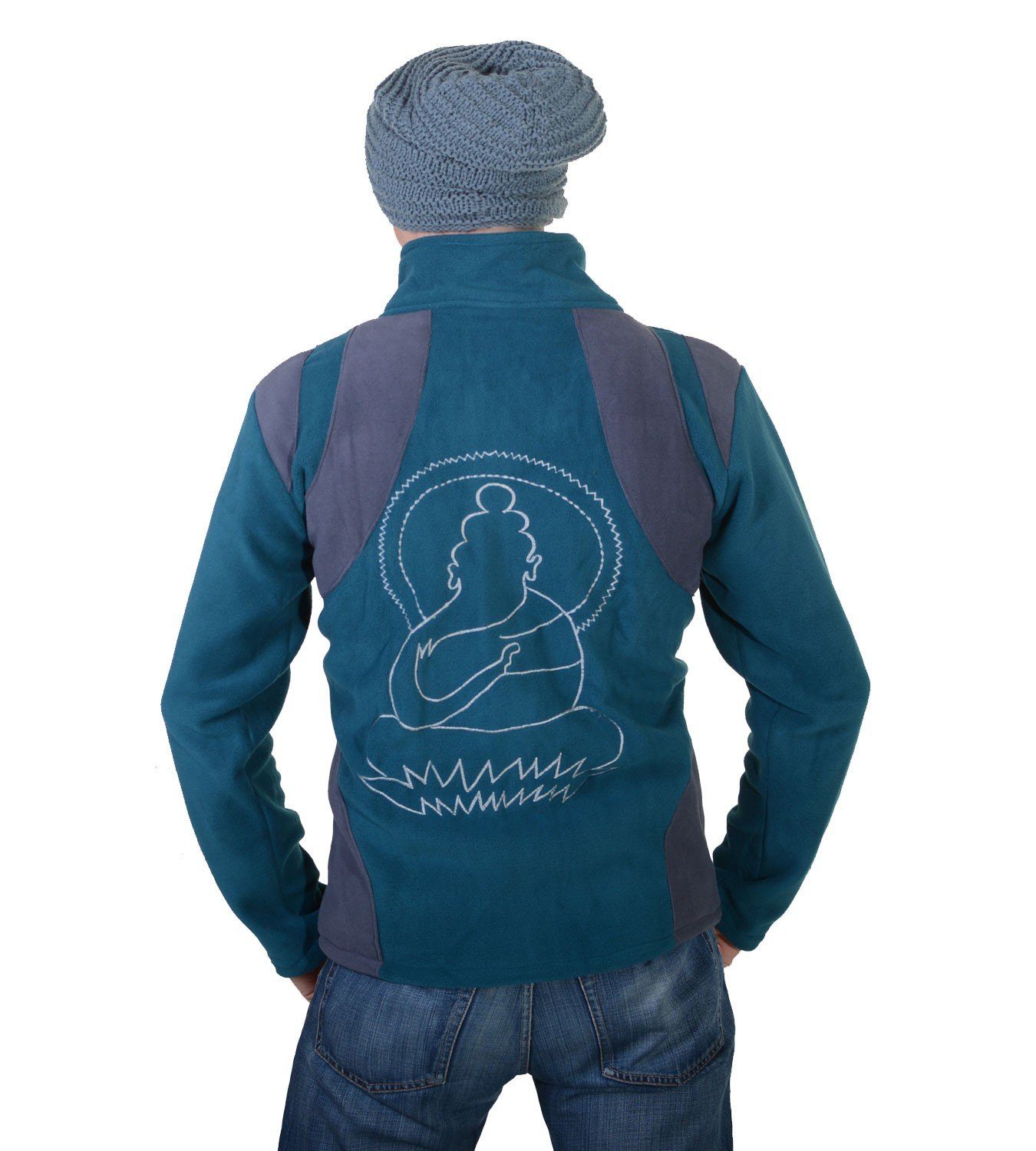 KUNST UND Fleecejacke Rückenstickerei MAGIE Grau Petrol Hippie "Buddha"+Aufwendiger Psy Fleecejacke Herren 