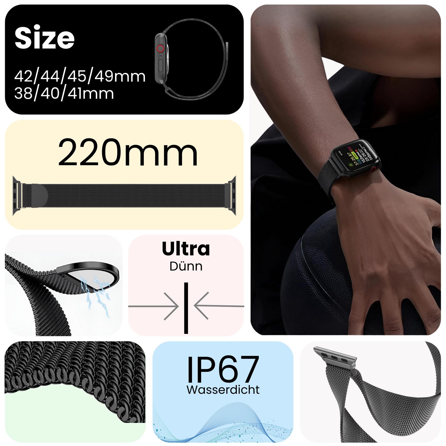 S&T Design Smartwatch-Armband Armband Edelstahl für Apple Watch Magnetisch Mesh Milanaise, Kompatibel mit Apple Watch 38 / 40 / 41/ 42 / 44 / 45 / 46 / 49 Metall