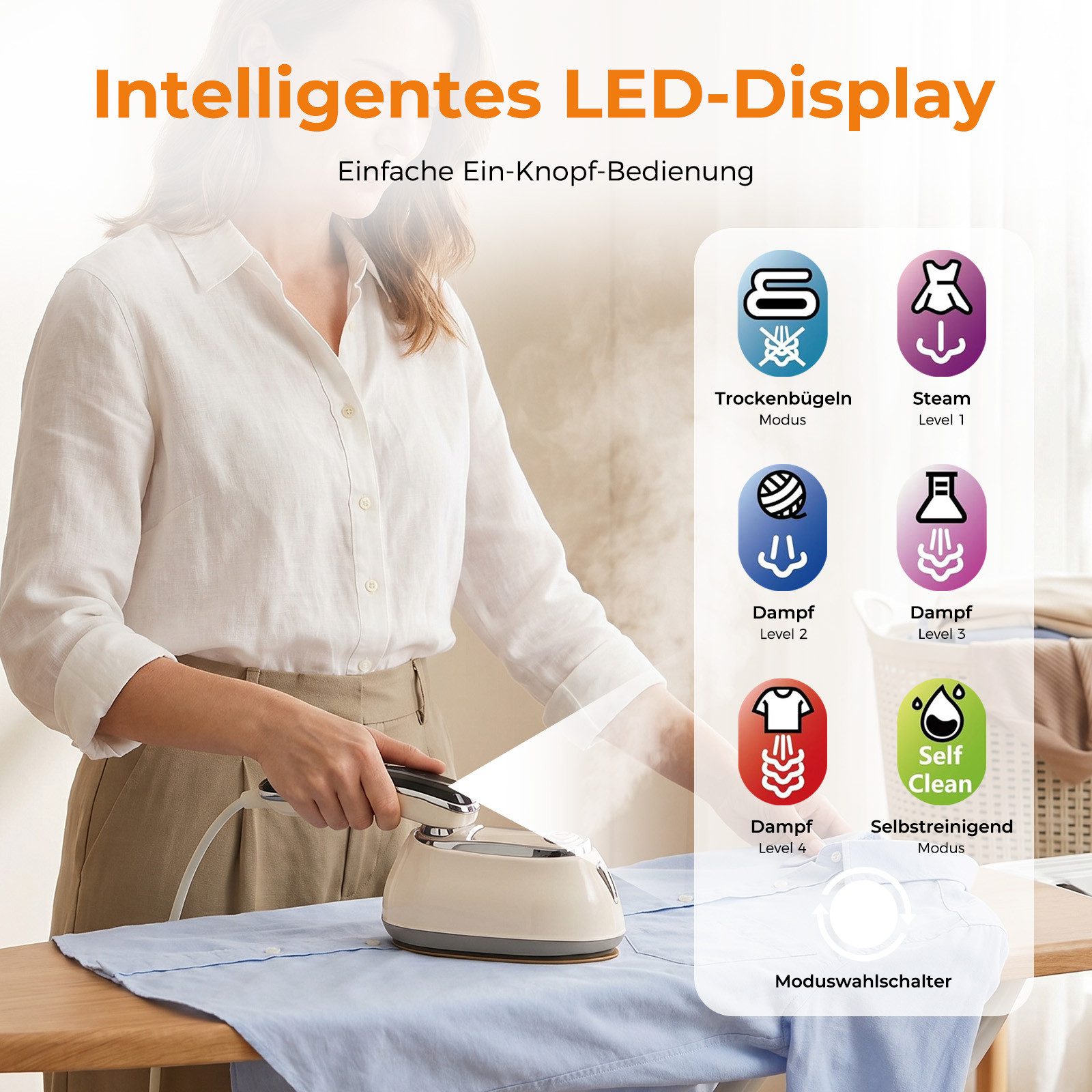 AKKEE Dampfbügeleisen 2-IN-1 Dampfglätter, Handheld Steamer tragbares 5 Temperaturstufen, 1300 W, Intelligente Temperaturregelung
