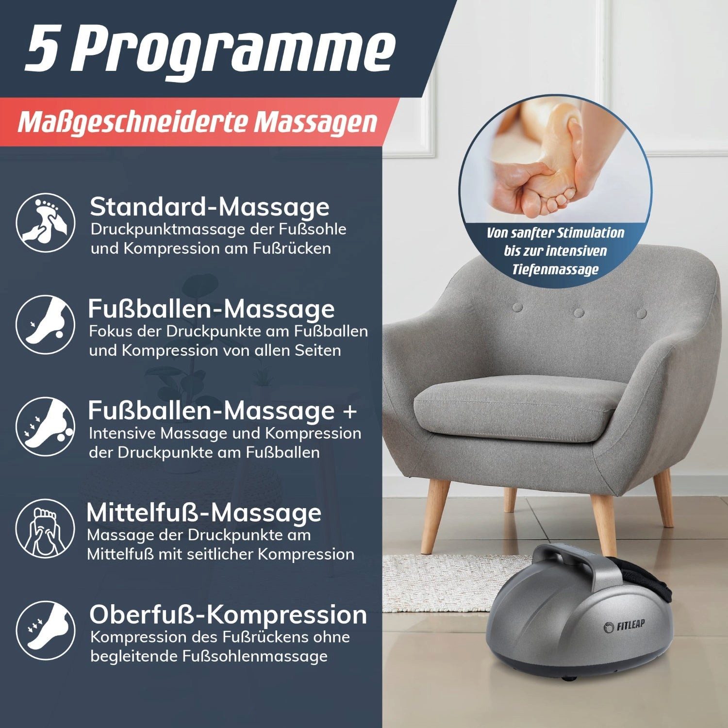 Fitleap Fußmassagegerät mit 9 Intensitätsstufen bis Schuhgröße 44, 5 Programmen, 3 Vibrations… – Bild 5 von 5