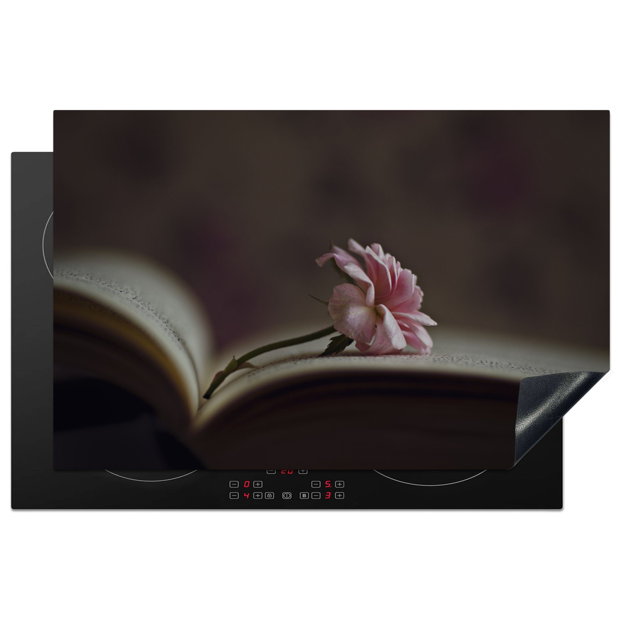 MuchoWow Herdblende-/Abdeckplatte Stilleben - Rose - Buch, Vinyl, (1 tlg), 81x52 cm, Induktionskochfeld Schutz für die küche, Ceranfeldabdeckung | Herdabdeckplatten