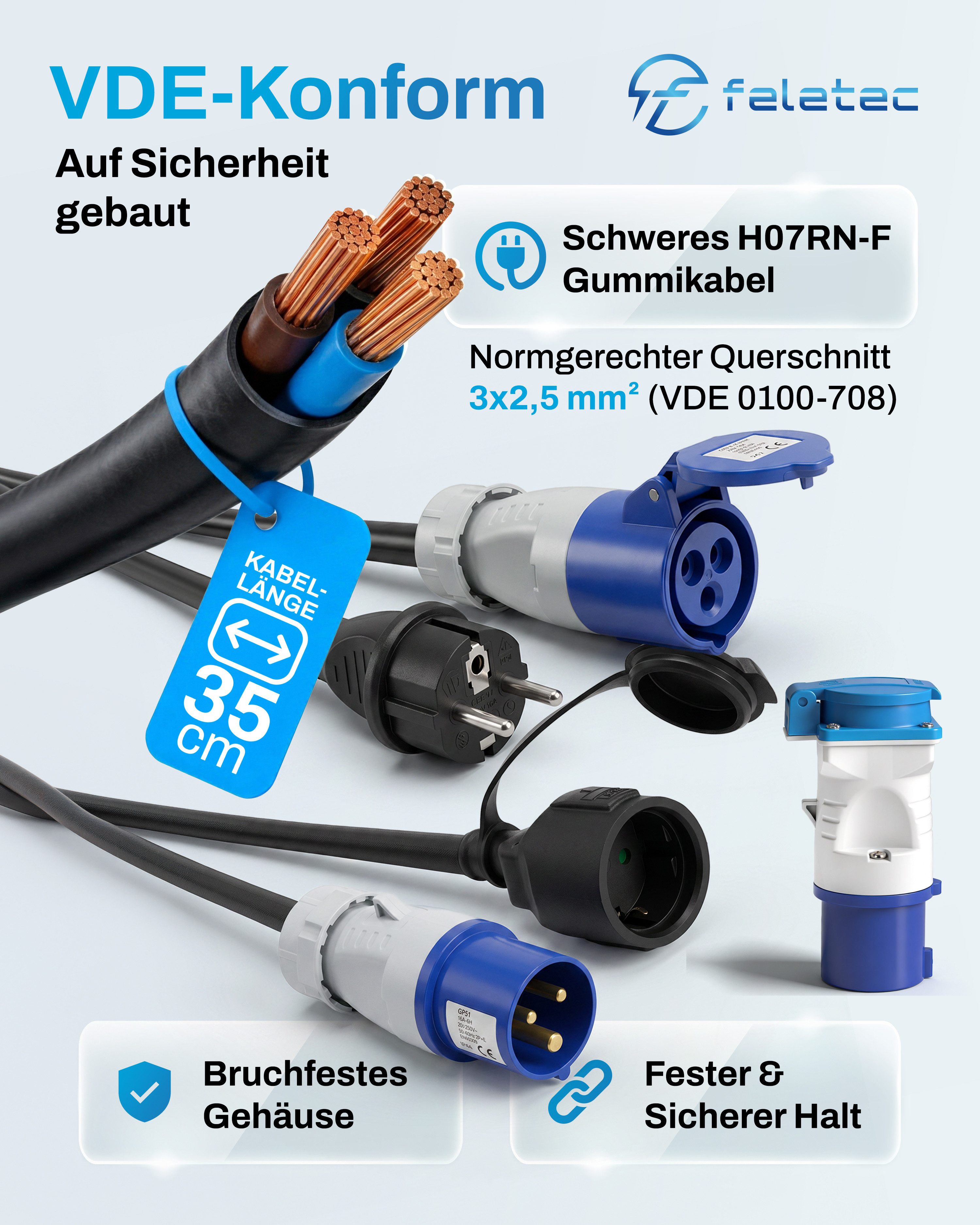 feletec 3x CEE Adapter 230V 16A für Camping & Wohnmobil CEE-Adapterkabel