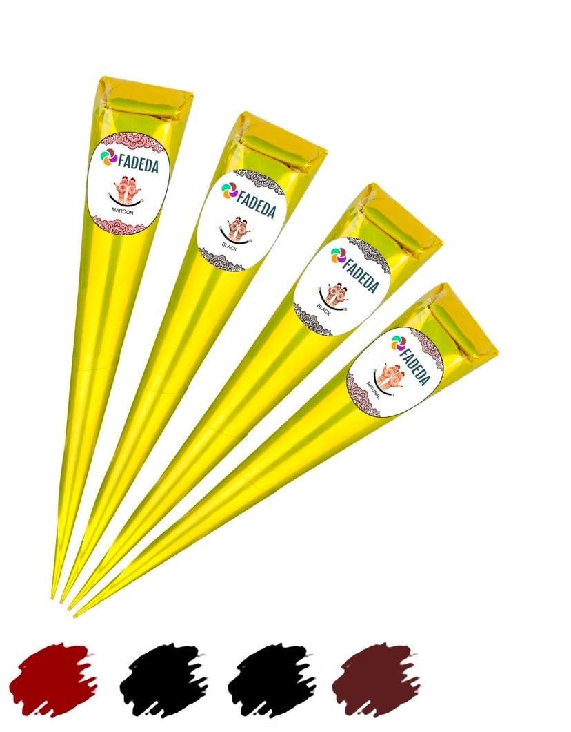 FADEDA Schmuck-Tattoo 4x Henna Kegel je 25g natürliche Paste, 100 % pflanzlich, ohne PPD, 4 Henna Kegel je 25 Gramm, 100 % NATÜRLICHE HENNA-PASTE – Rein pflanzlich