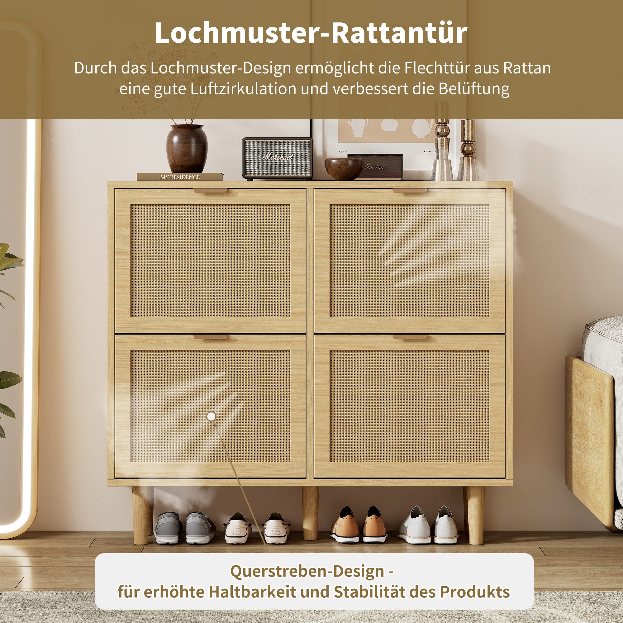 Merax Schuhkipper mit 4 Klappen, Schuhkommode aus Rattan mit Metallgriffen (1 St., Schuhschrank), Natur