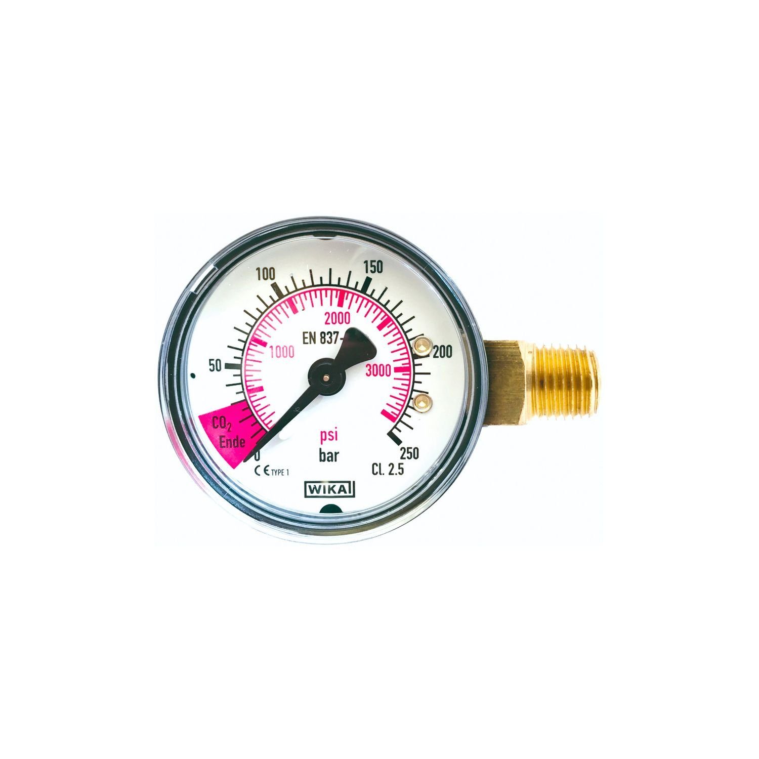 Gasdruckregler Inhaltsmanometer mit roten Bereich für CO2-Ende, 1/4" AG