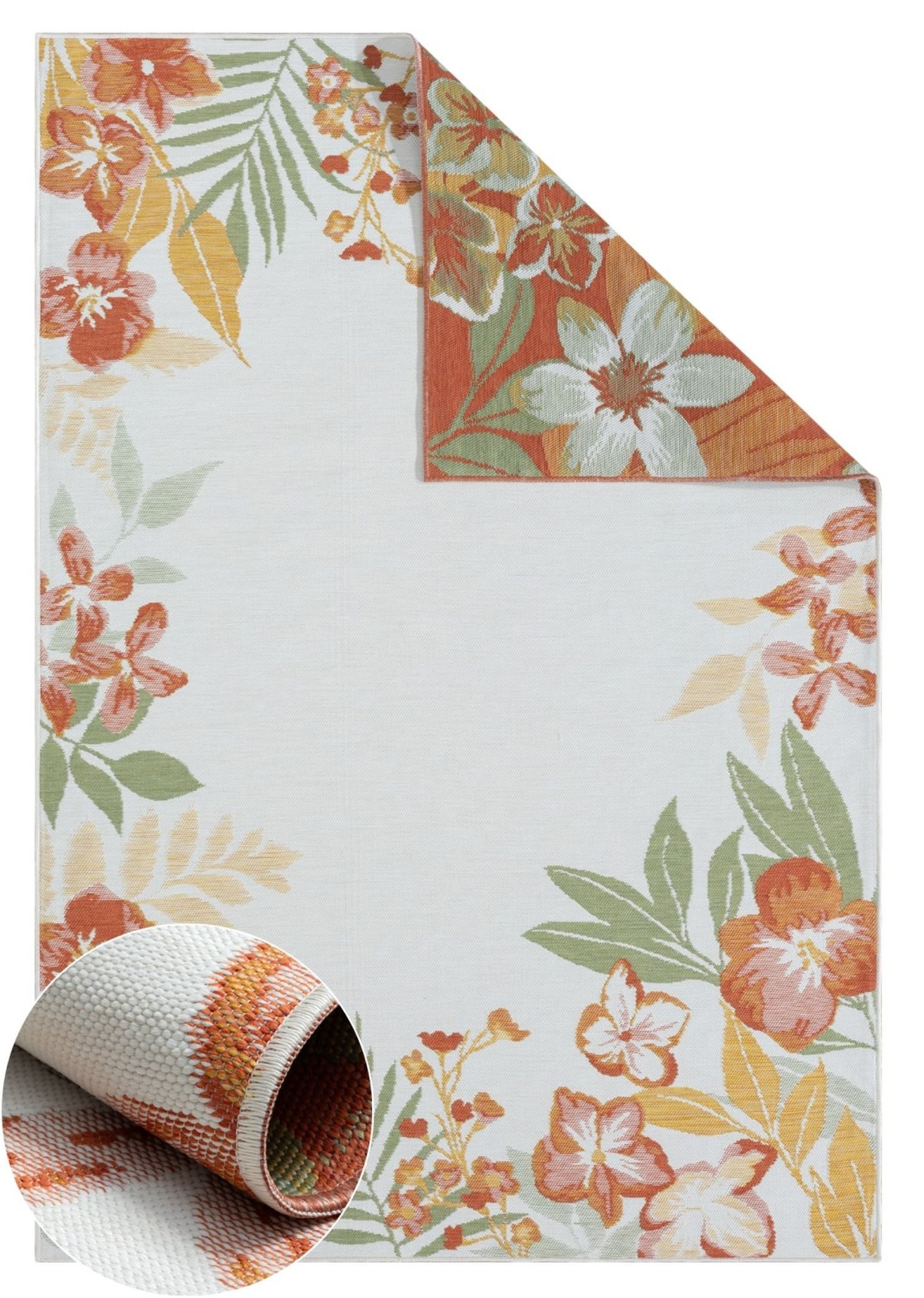 Wohnando Teppich MY-RUG Wendbarer Outdoor-Teppich "Leela" 150x80 cm, weiß, orange, rechteckig, Höhe: 6 mm, florales Design, wendbar, für drinnen und draußen