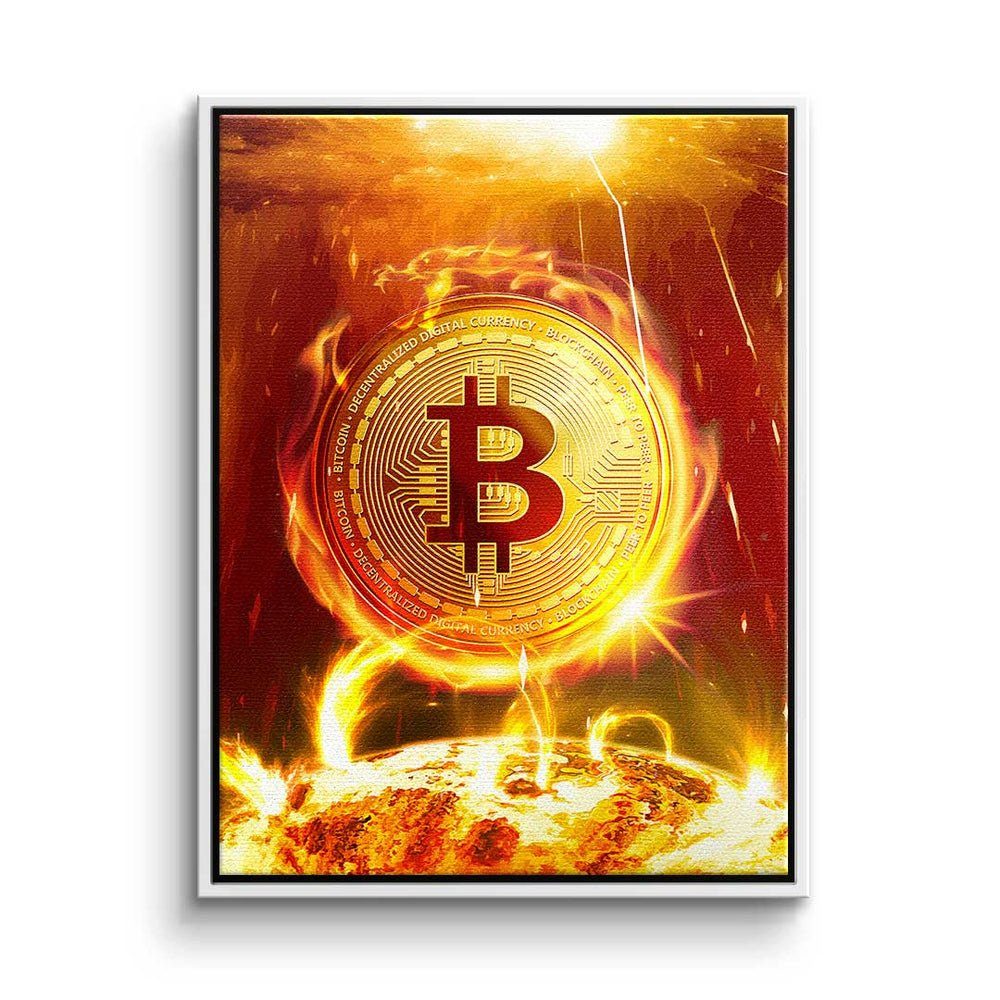 Rahmen - on DOTCOMCANVAS® Trading - Bitcoin Leinwandbild Fire, Bitcoin Fire Motivatio Premium - silberner on - Crypto Leinwandbild