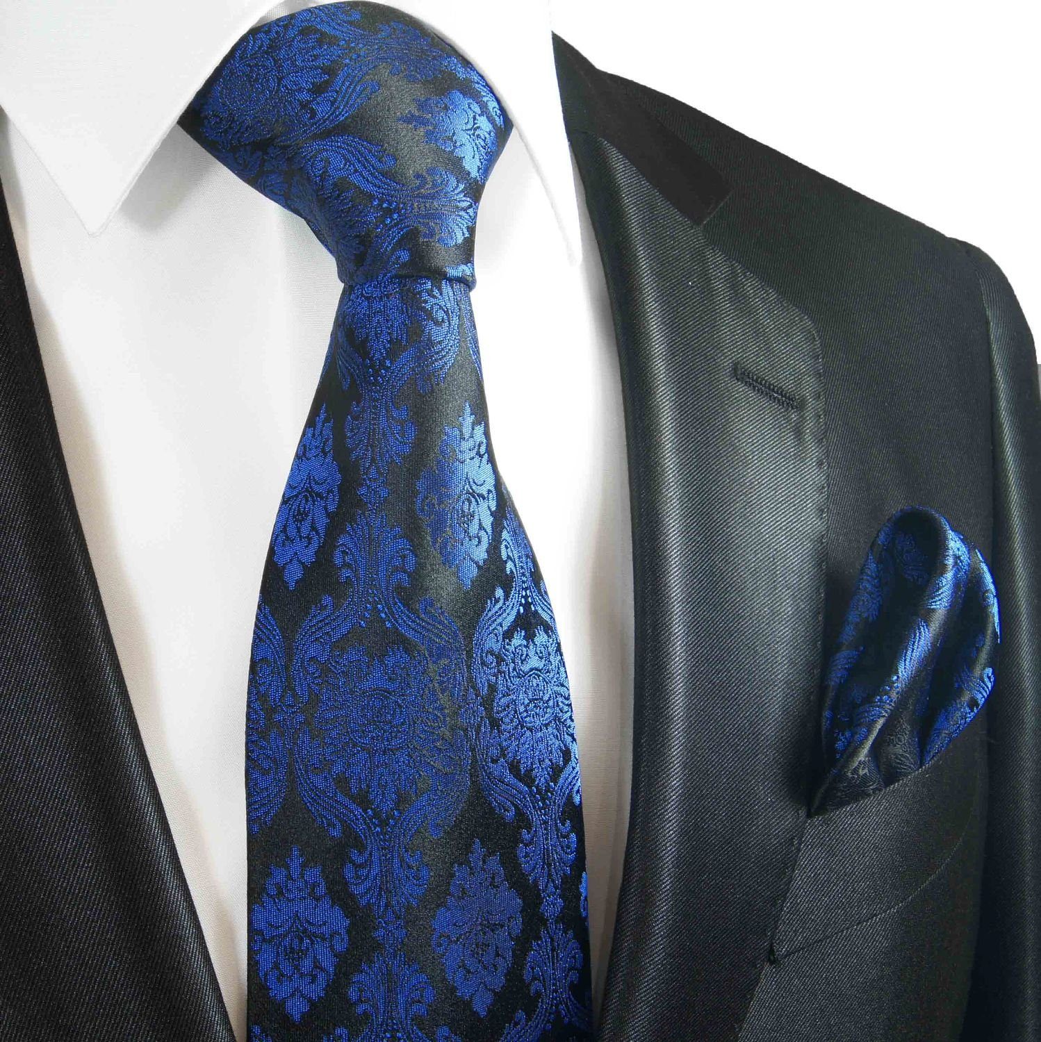 Paul Malone Krawatte Herren Seidenkrawatte mit Tuch modern barock 100% Seide (Set, 2-St., Krawatte mit Einstecktuch) Schmal (6cm), schwarz blau 649