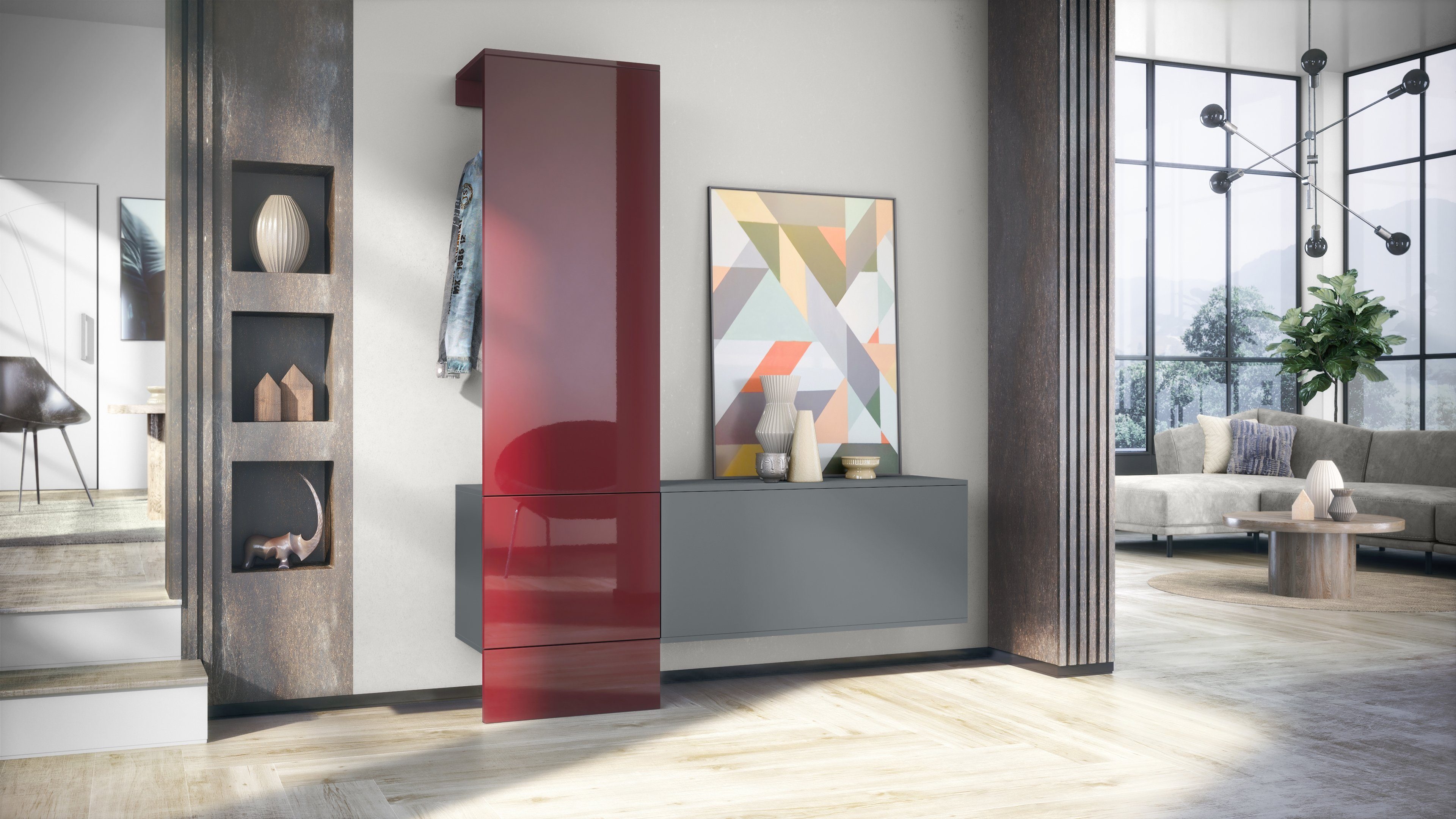 Vladon Garderoben-Set Carlton Set 4, (Wandgarderobe bestehend aus, 1 Paneel und 1 Schrankmodul), Anthrazit matt/Bordeaux Hochglanz (156,5 x 193 x 35 cm)