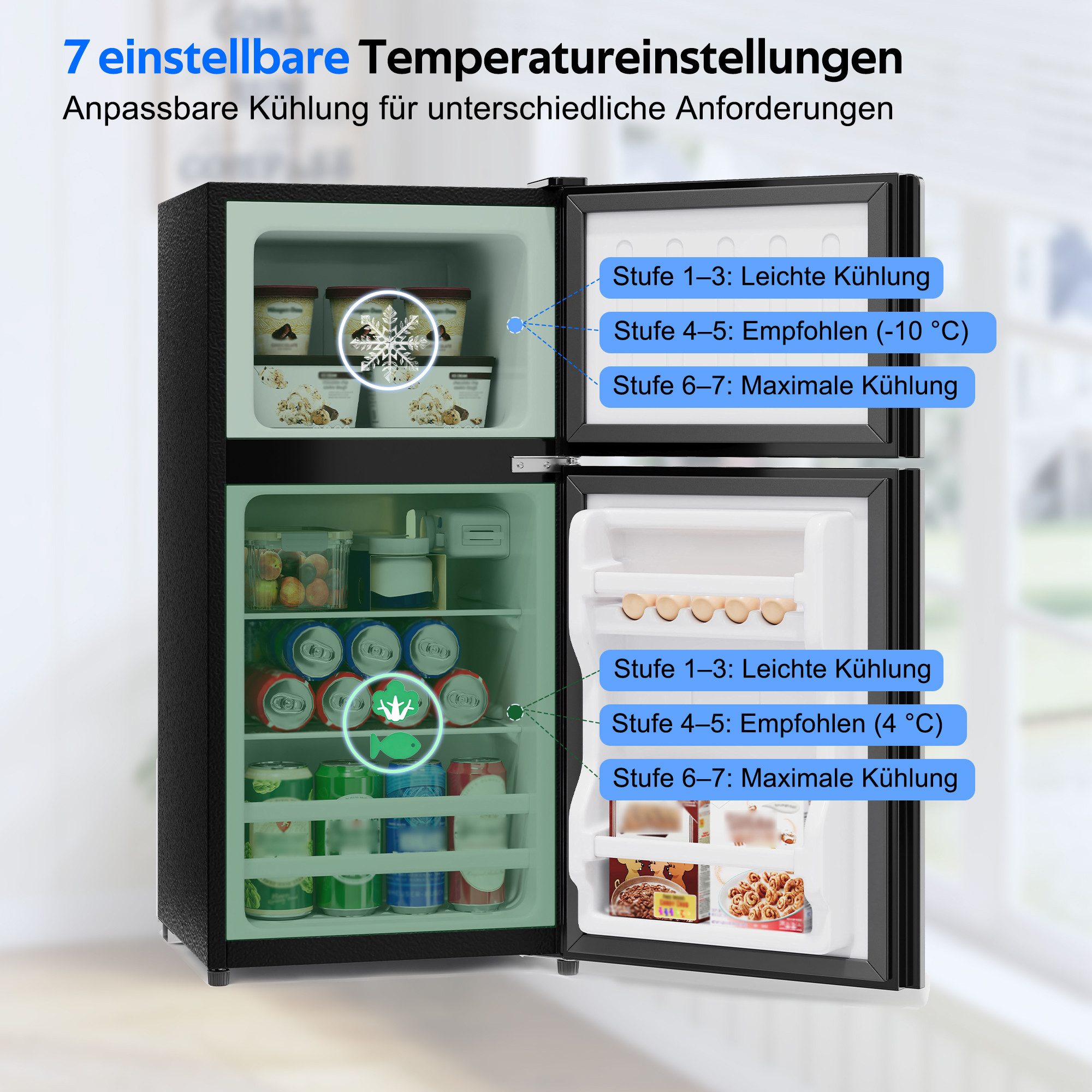 Merax Table Top Kühlschrank Freistehend, Minikühlschrank 60L mit Gefrierfach 22L BCD-86AB, 87.5 cm hoch, 42.5 cm breit, Kompakt Kühlschrank mit Glastür & LED, Leise 45dB, Temperaturregelung