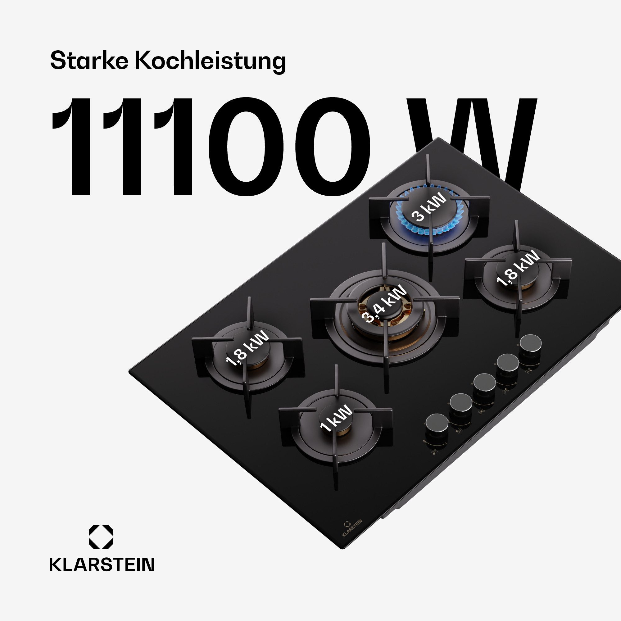Klarstein Gas-Kochfeld Goldflame, Kochfelder Gas Hob 5 Zonen Glaskeramik Einbau