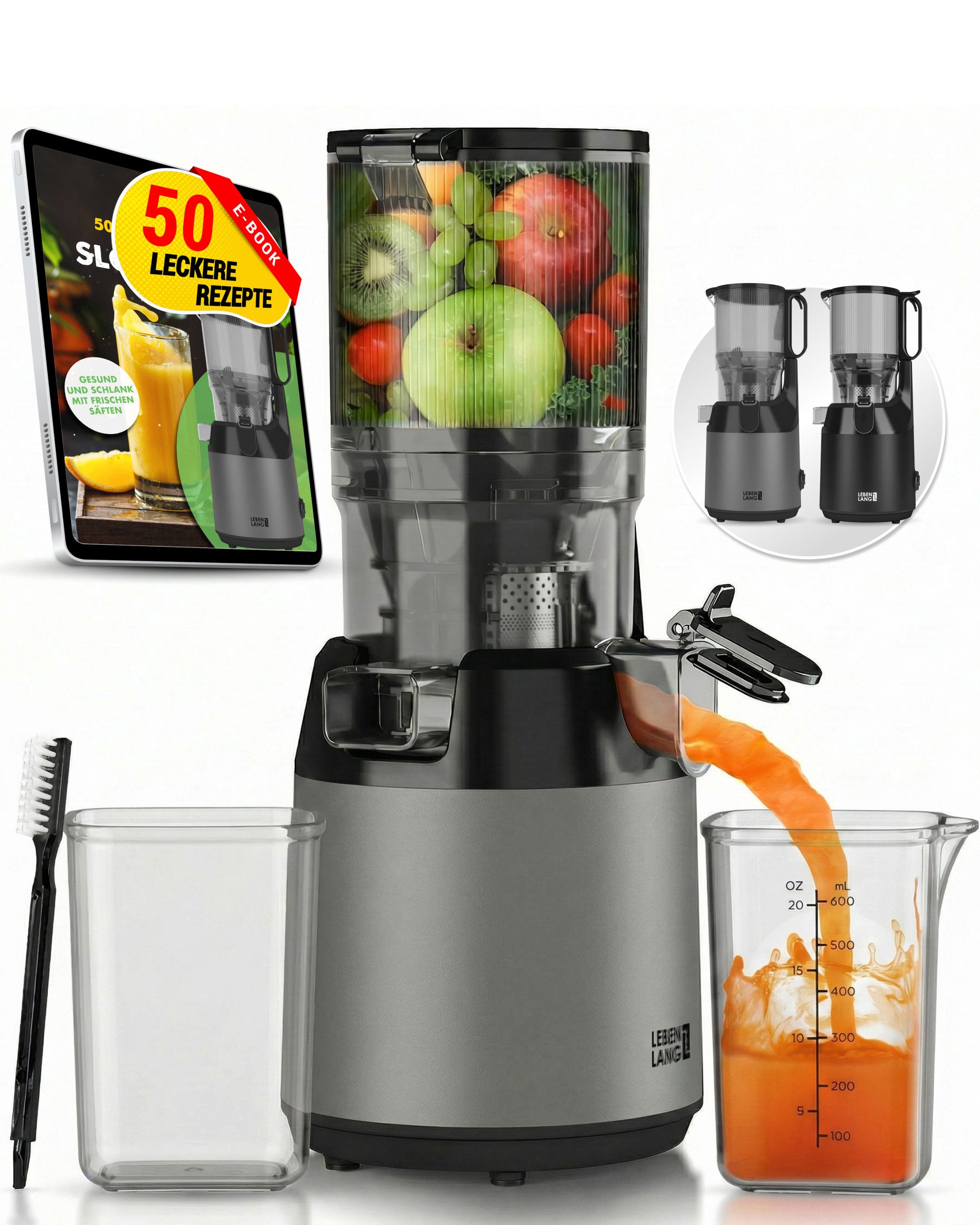 Lebenlang Slow Juicer Entsafter mit großer Öffnung, Für ganze Früchte und Gemüse, Rezepte, 250 W, BPA-Frei, Hohe Saftausbeute, Erhalt der Nährstoffe