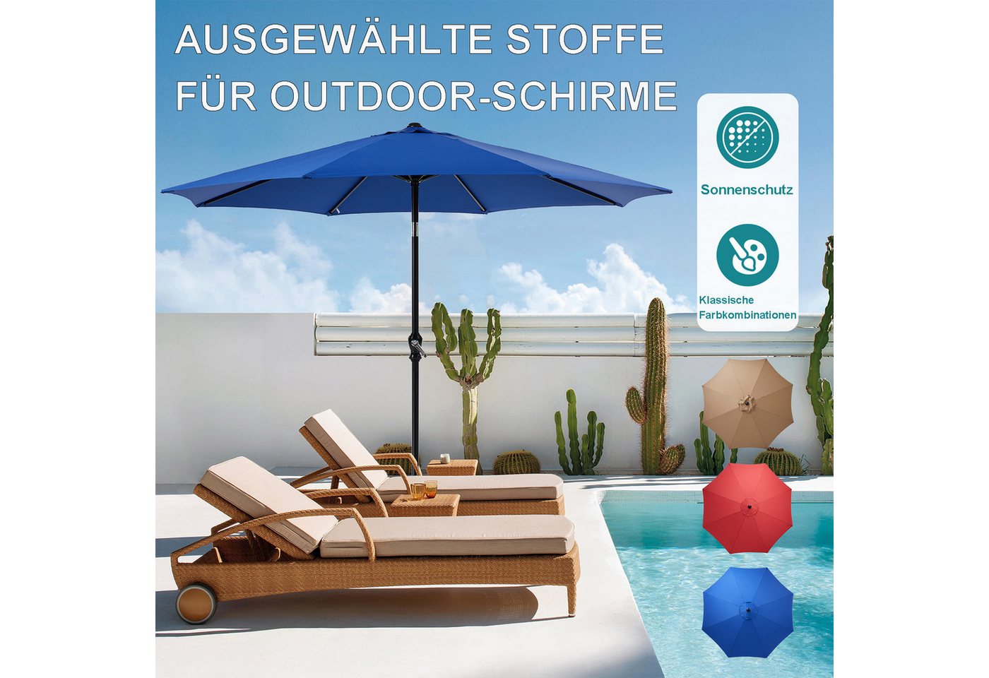 Thumbnail - Fanttik Sonnenschirm wasserdicht Terrassenschirm mit Knopfneigung und Kurbel 270CM, Balkonschirm mit neigbar, Terrassens...