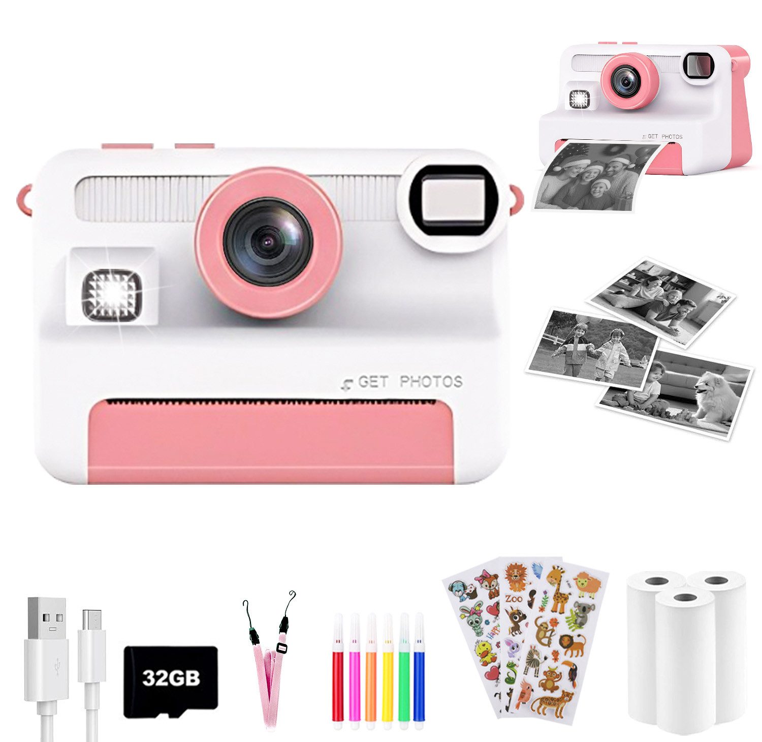 SWGOTA 1080P Kinderkamera Sofortbildkamera, 2,4 Zoll Digitalkamera Kinder Kinderkamera (30 MP, 8x opt. Zoom, 30MP Sofortbildkamera Kinder,3 Druckpapier,32GB Karte,für 3-14 Jahren)