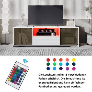 BlingBin TV-Schrank Lowboard Schiebedesign (1-St., Mit 2 Türen, 1 Schublade und 1 offenem Fach, Breite 140cm) mit LED-Beleuchtung, marmorgeäderter Tischplatte, Glasdesign